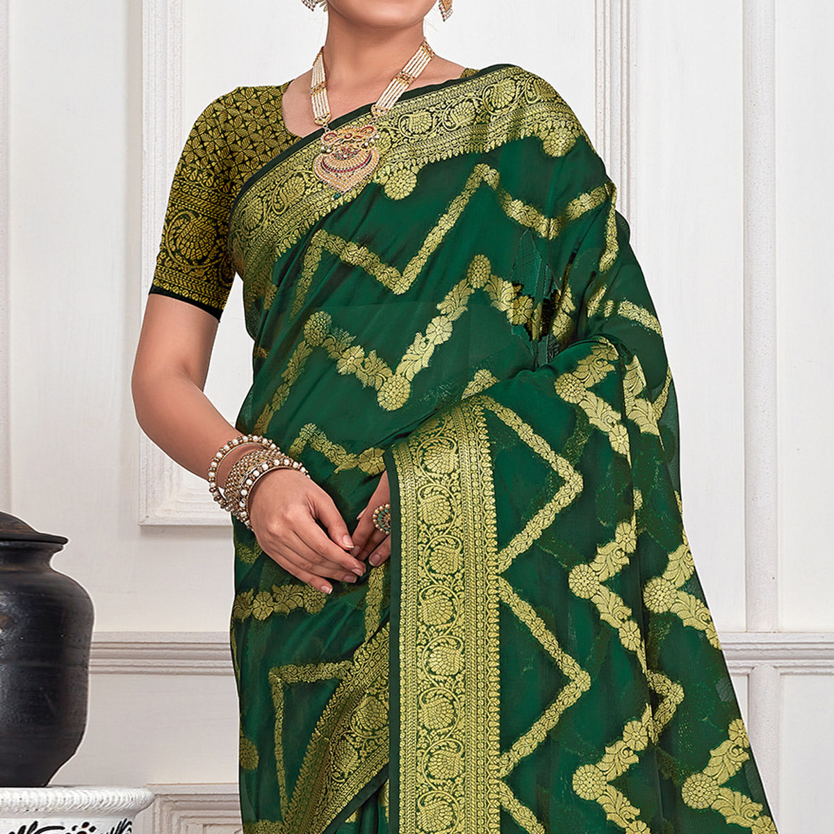 Green Floral Woven Organza Saree