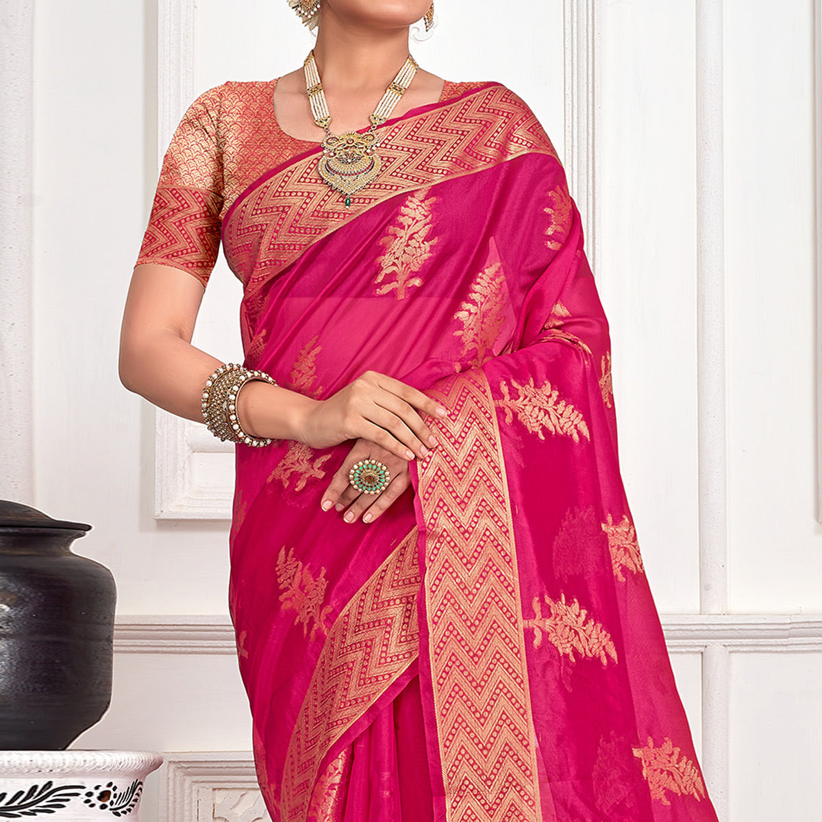 Rani Pink Floral Woven Organza Saree