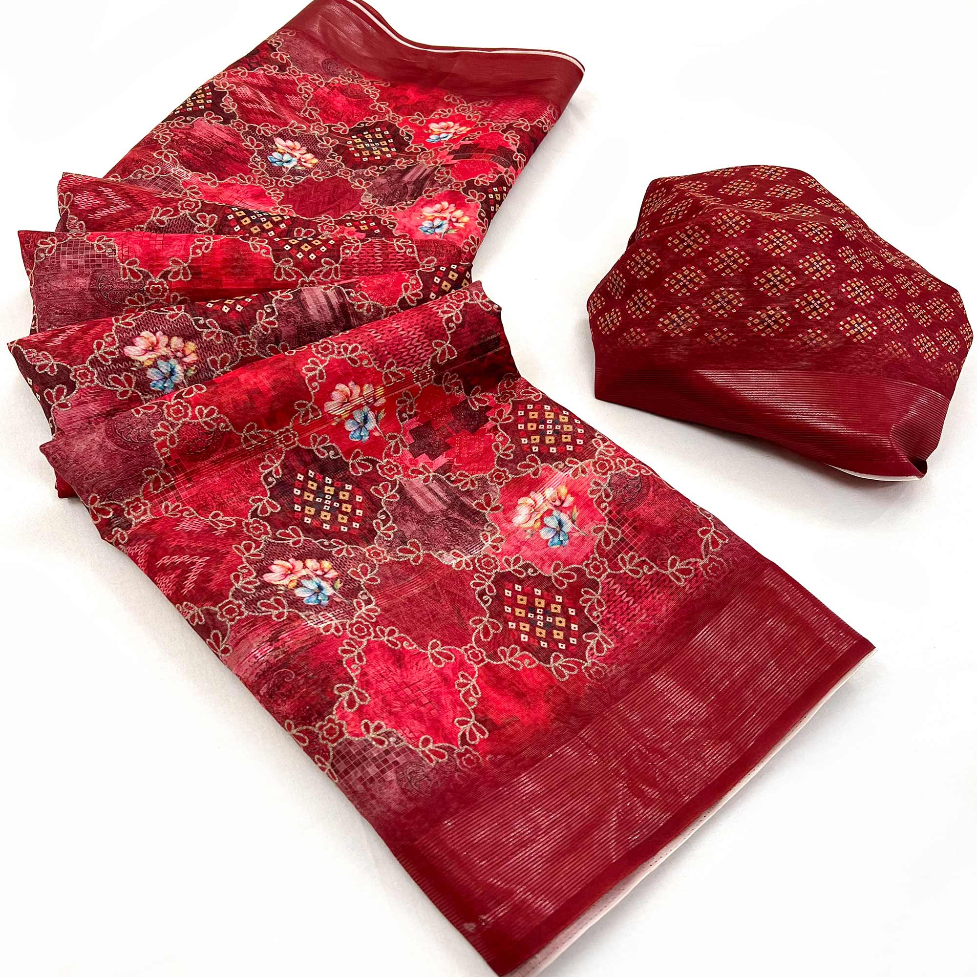 Red & Maroon Floral Digital Printed Cotton Blend Saree