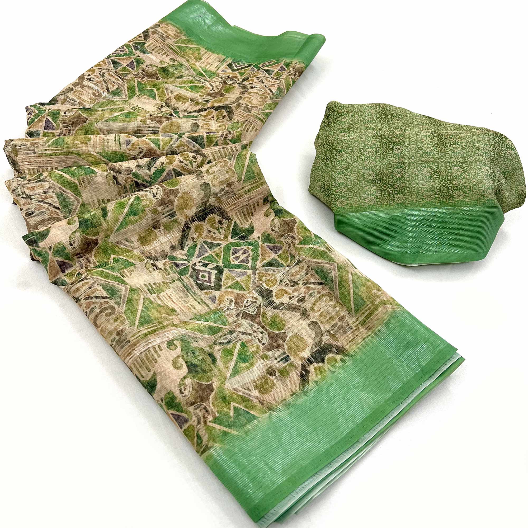 Cream & Green Digital Printed Cotton Blend Saree