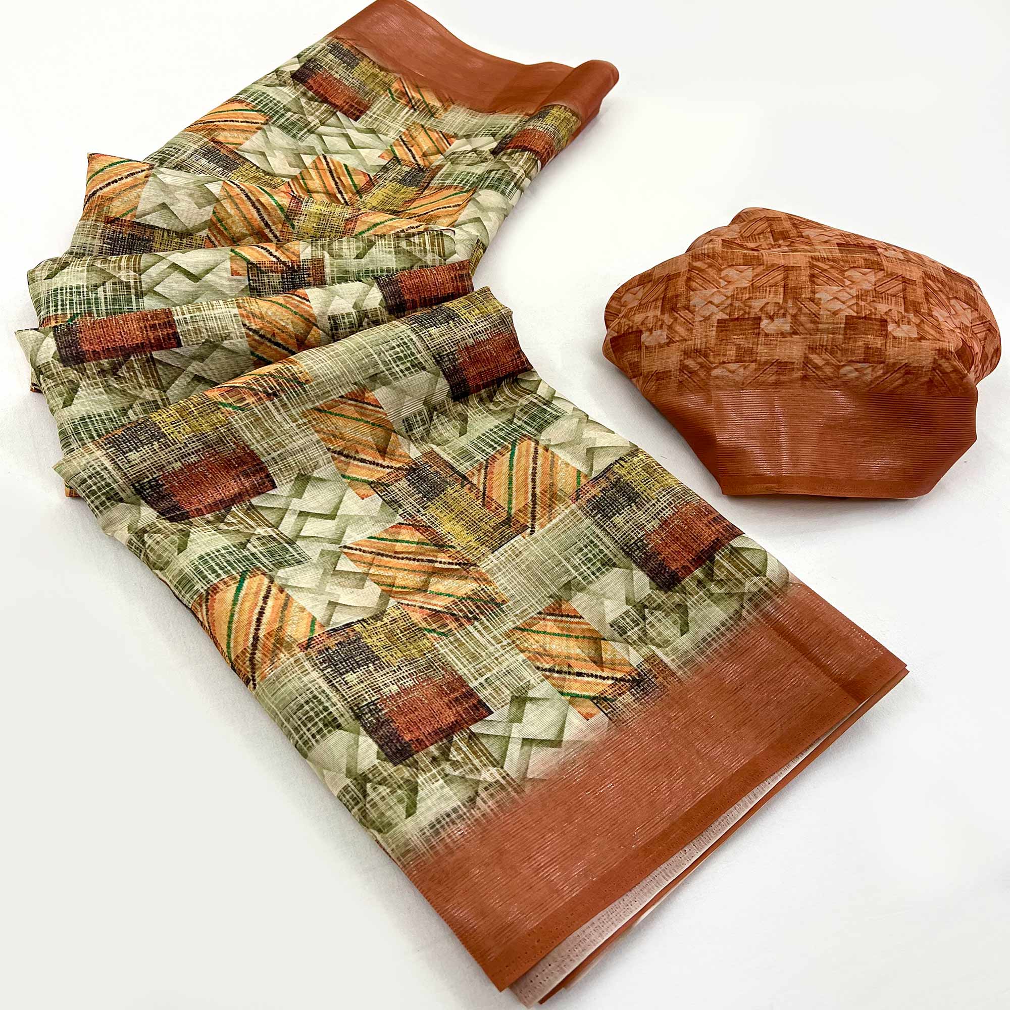 Brown Digital Printed Cotton Blend Saree