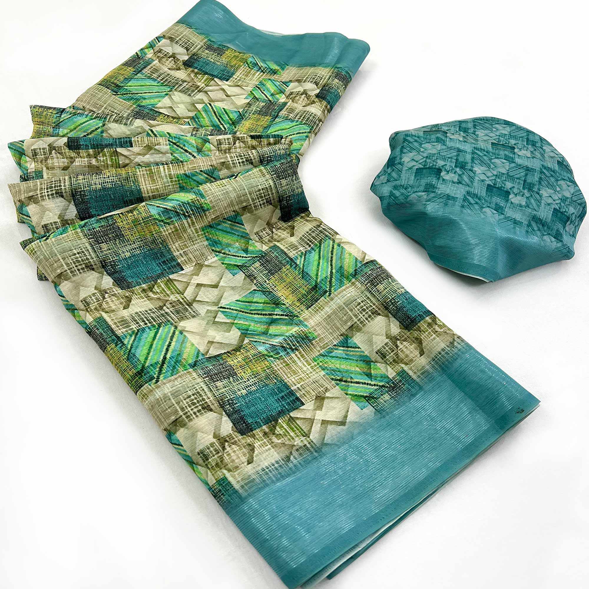 Green & Blue Digital Printed Cotton Blend Saree