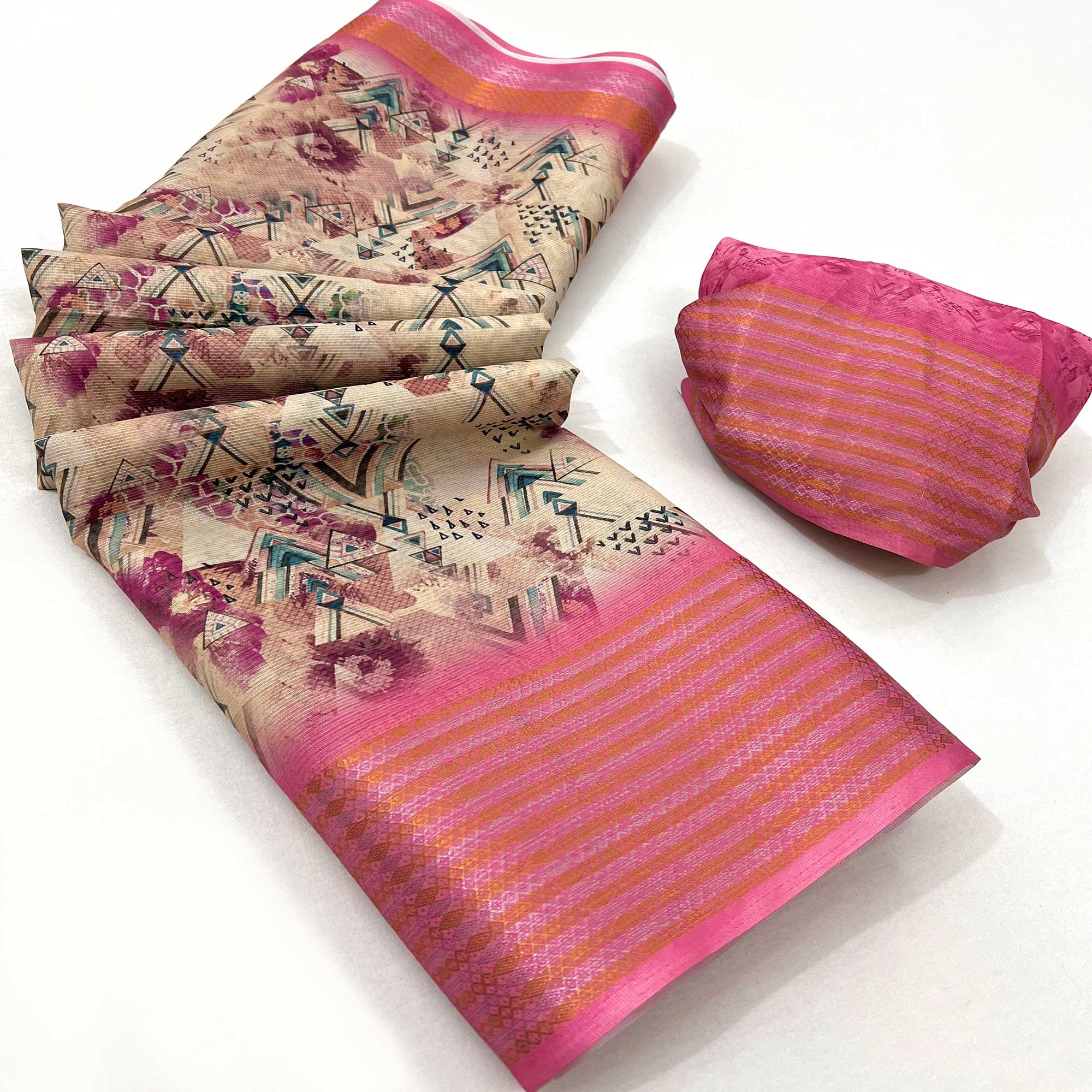 Off White & Pink Digital Printed Cotton Blend Saree