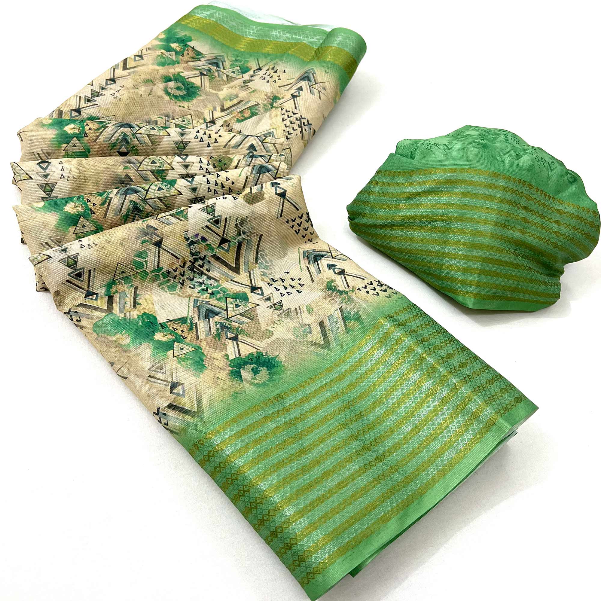 Off White & Green Digital Printed Cotton Blend Saree