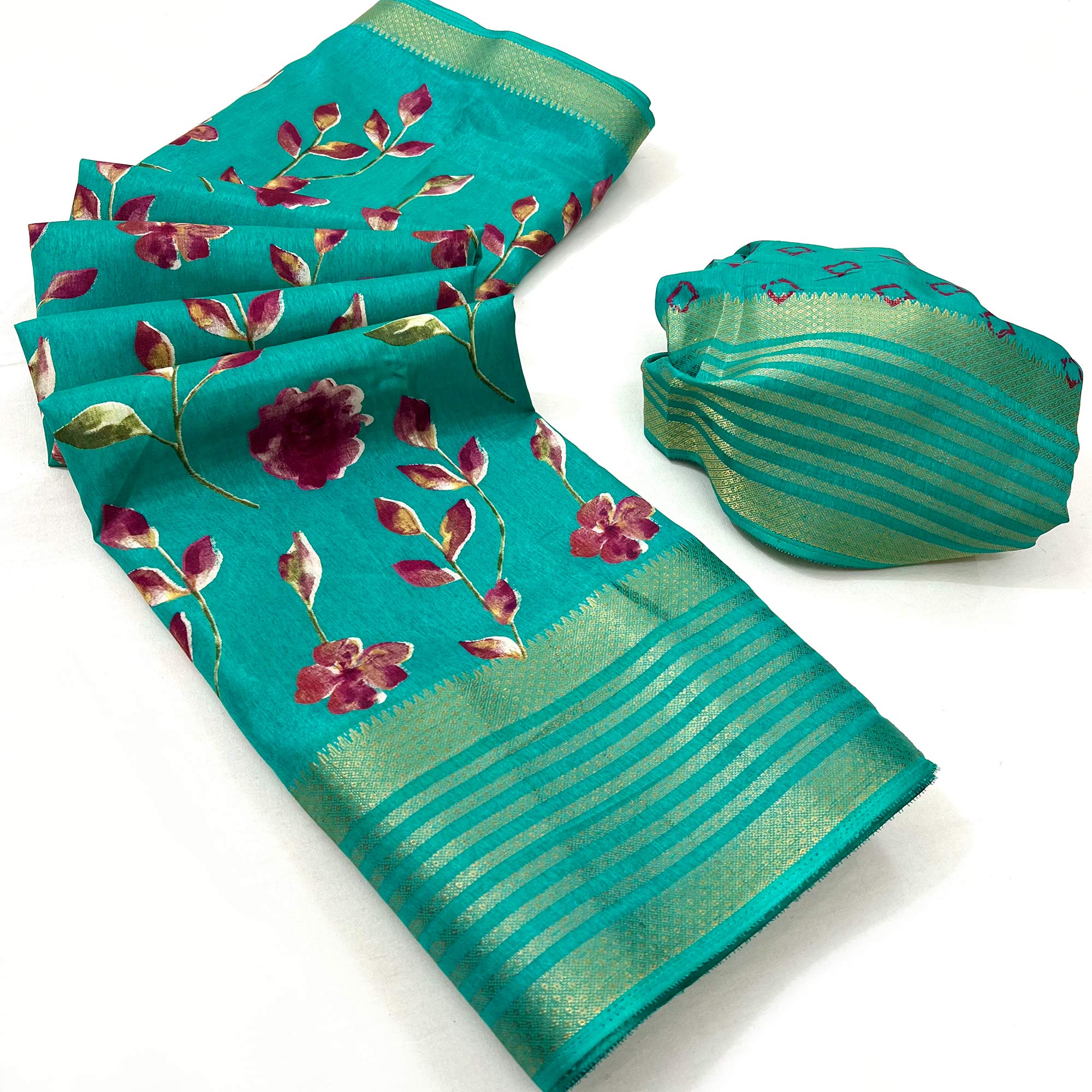 Turquoise Floral Digital Printed Dola Silk Saree