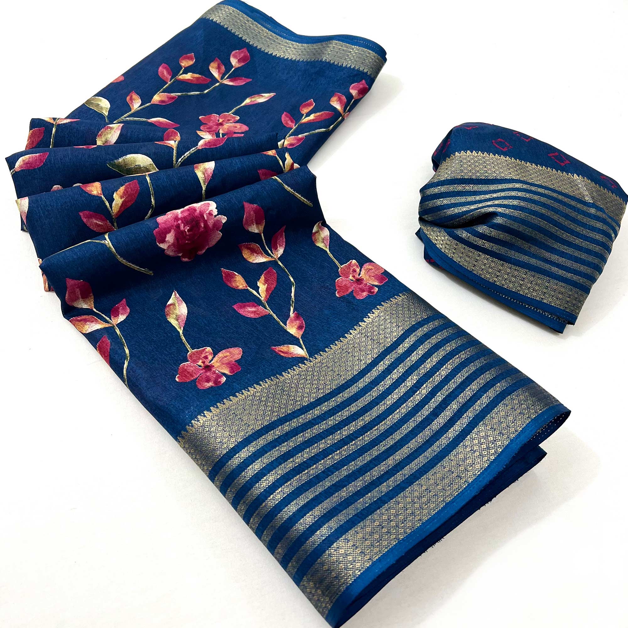 Blue Floral Digital Printed Dola Silk Saree