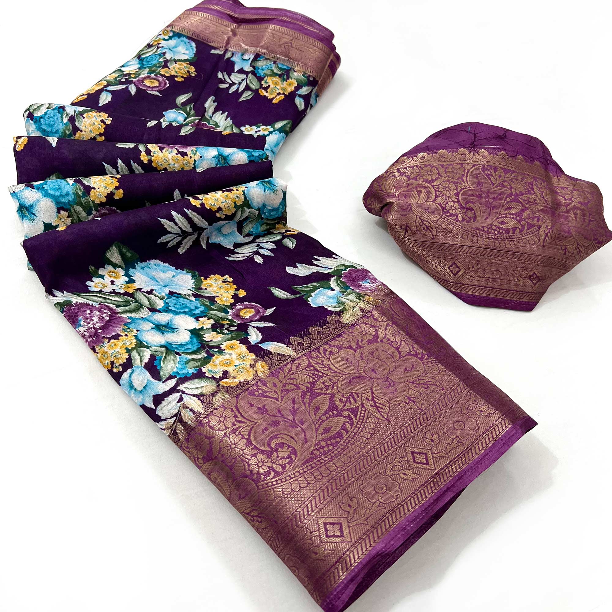 Purple Floral Digital Printed Dola Silk Saree