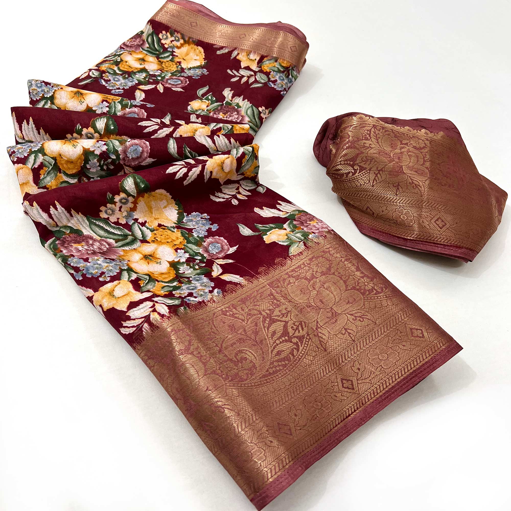 Maroon Floral Digital Printed Dola Silk Saree