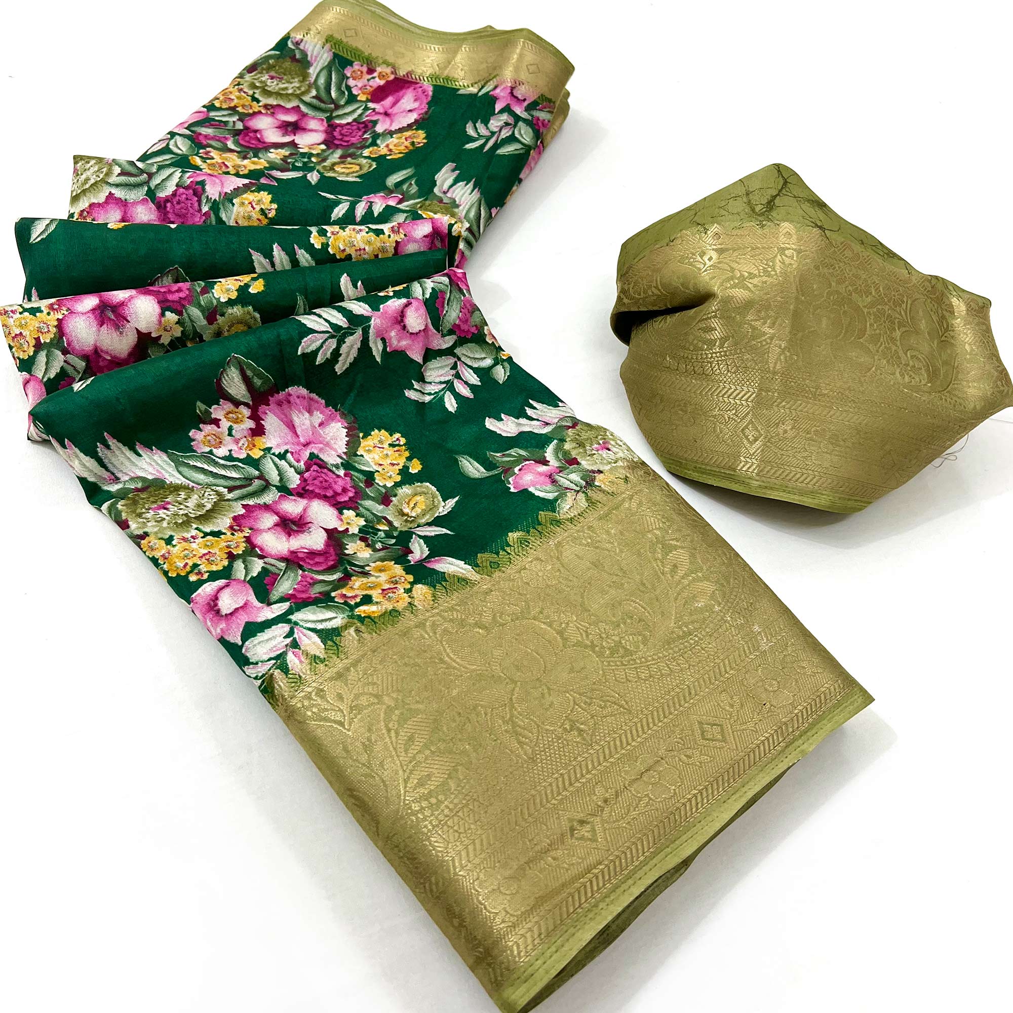 Green Floral Digital Printed Dola Silk Saree