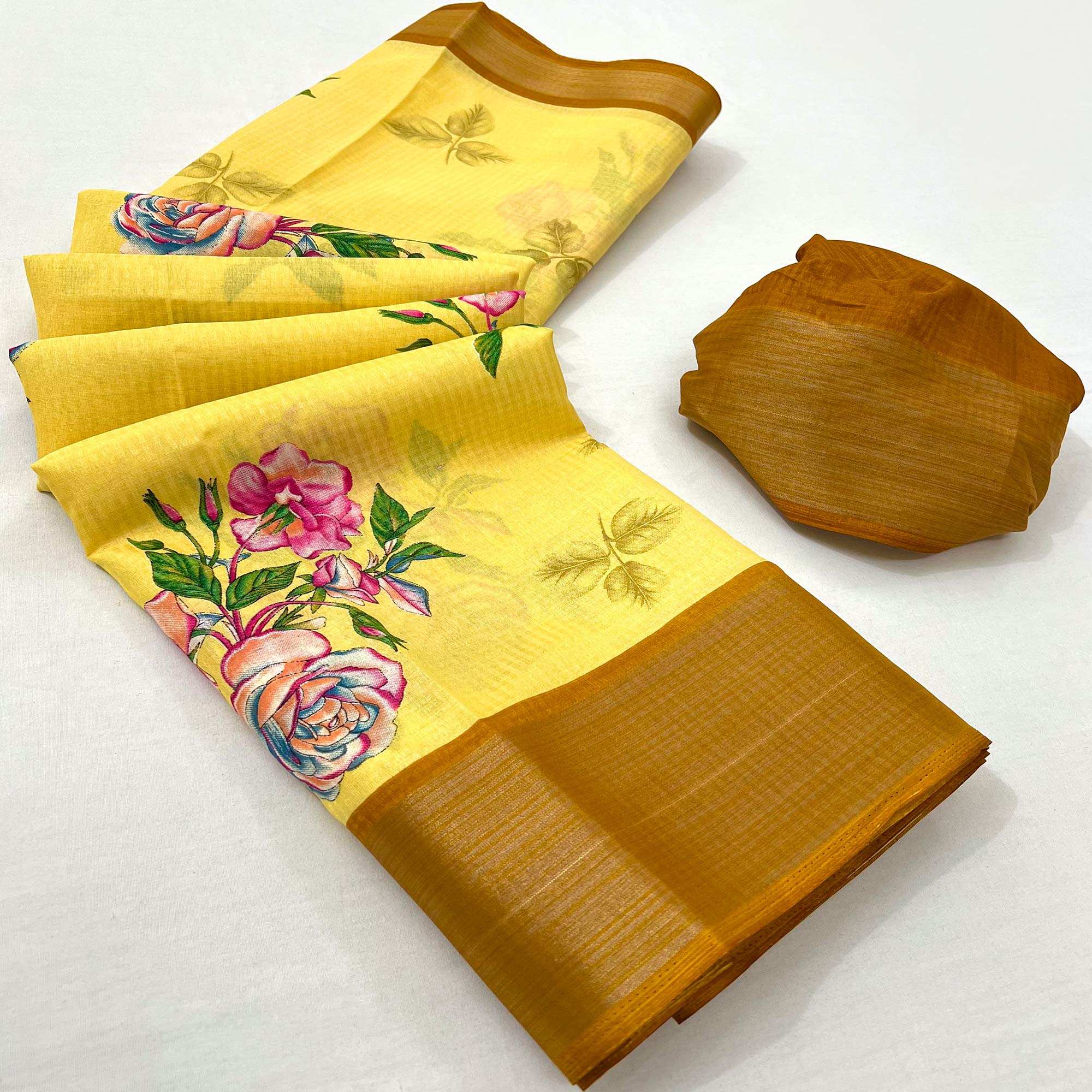 Yellow Floral Digital Printed Cotton Blend Saree