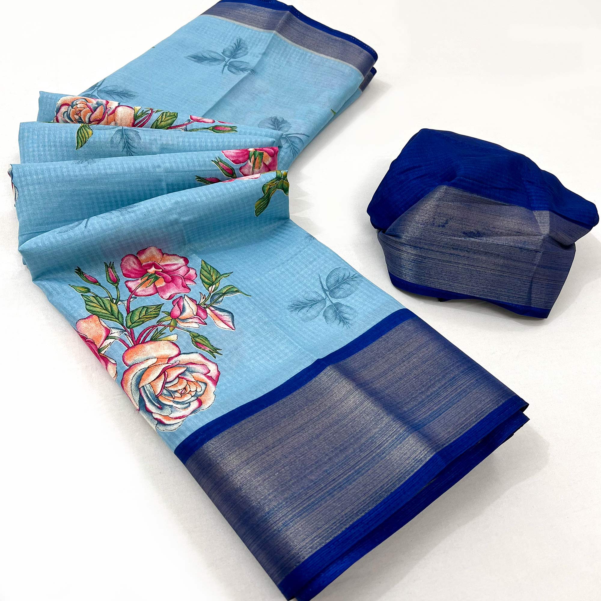 Blue Floral Digital Printed Cotton Blend Saree