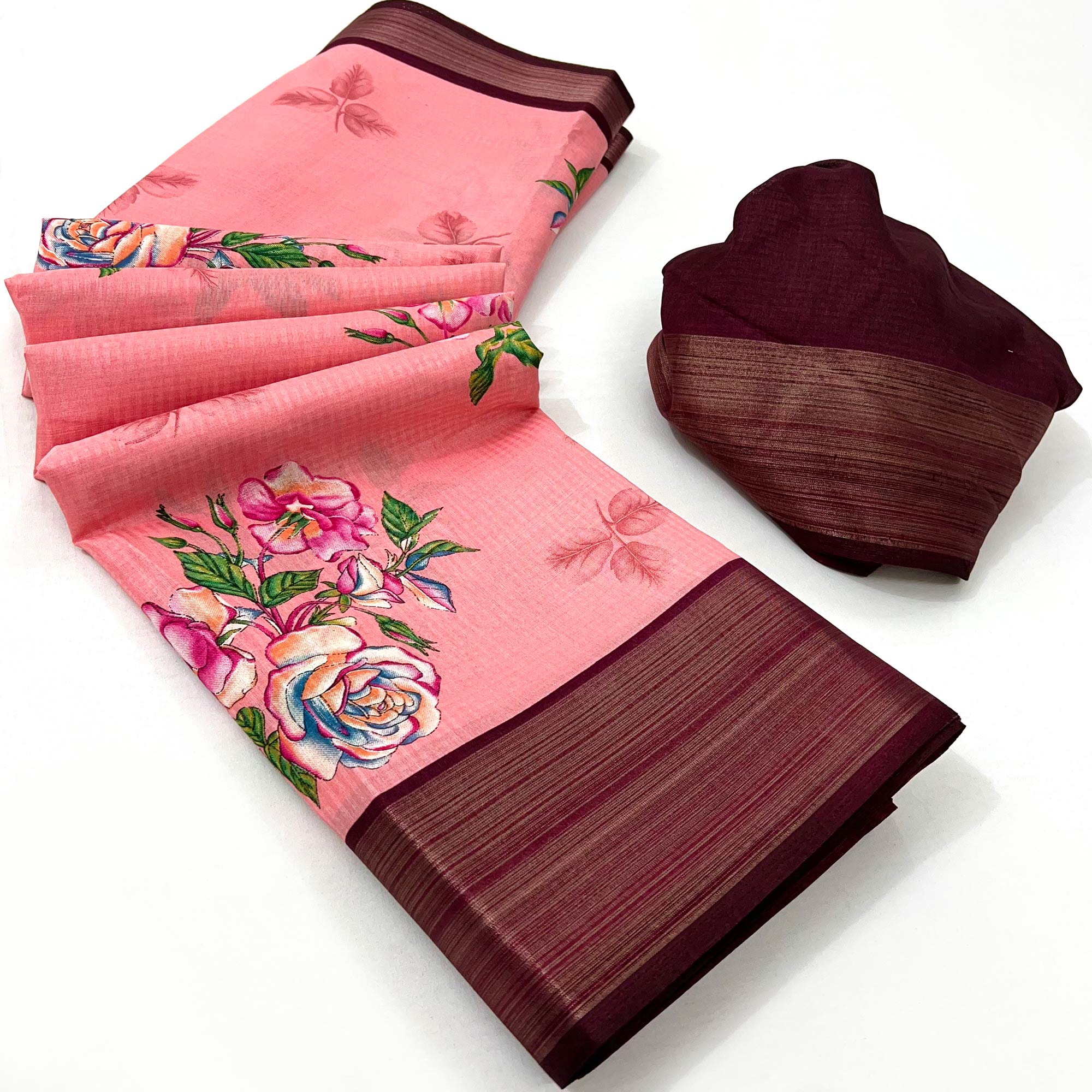 Gajari Pink Floral Digital Printed Cotton Blend Saree