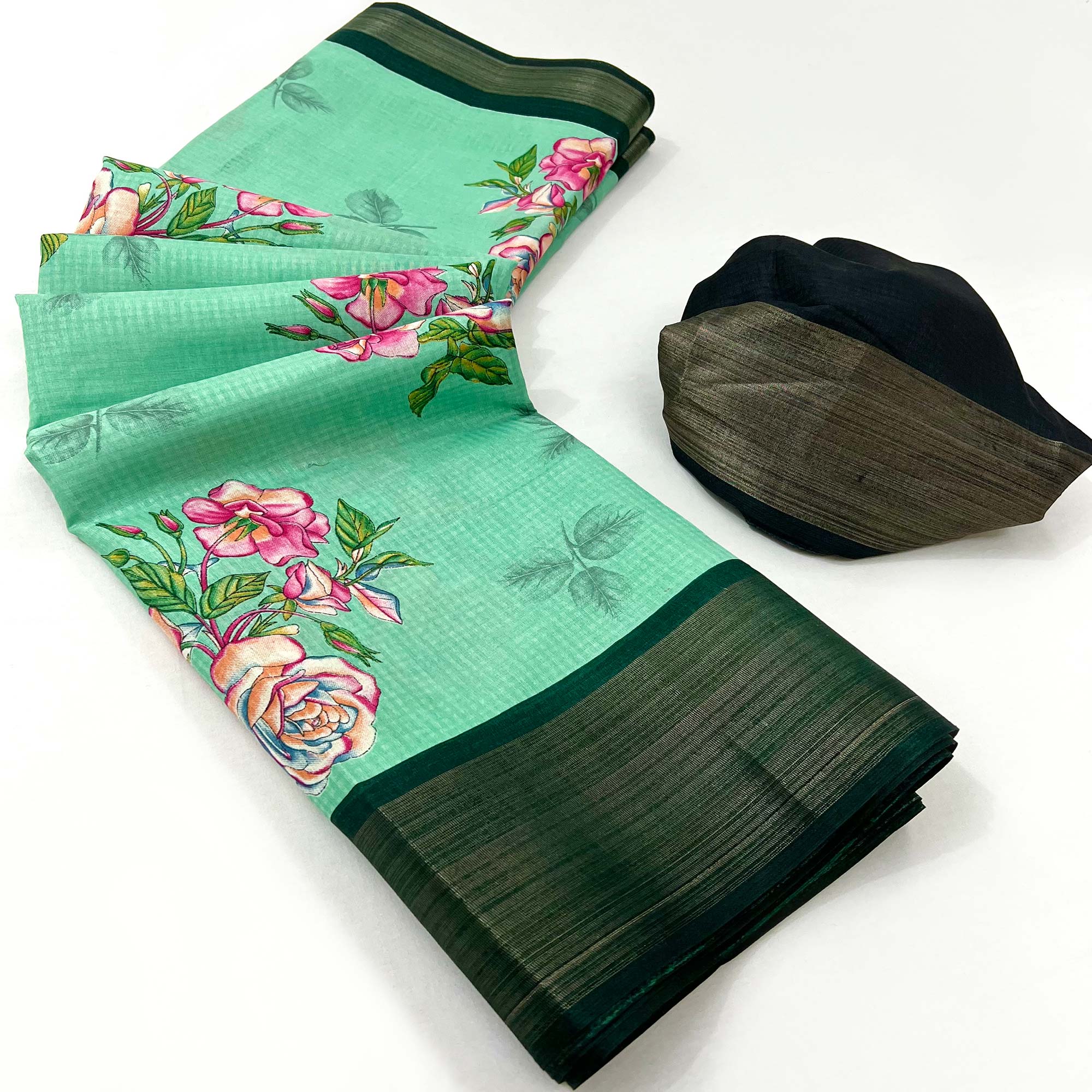 Sea Green Floral Digital Printed Cotton Blend Saree