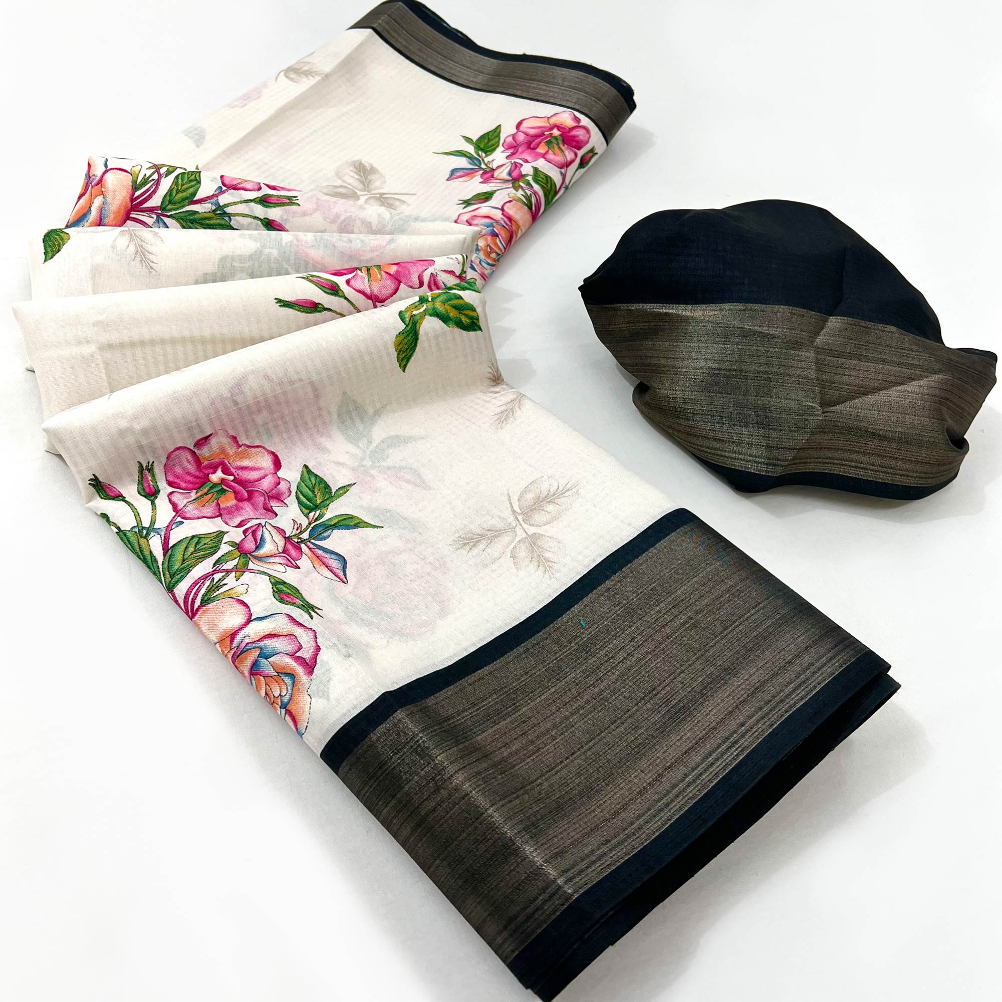 White Floral Digital Printed Cotton Blend Saree