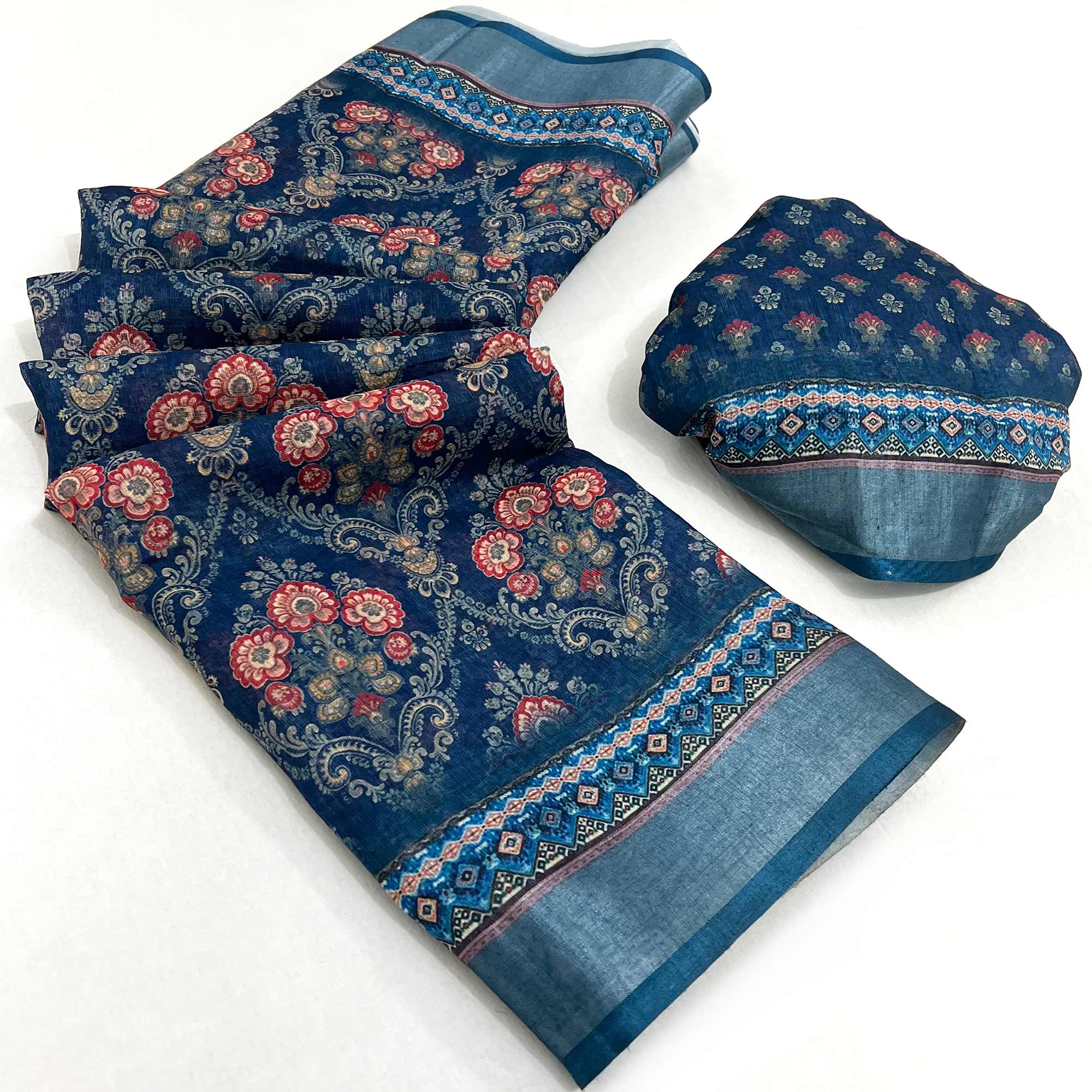 Blue Floral Digital Printed Linen Saree