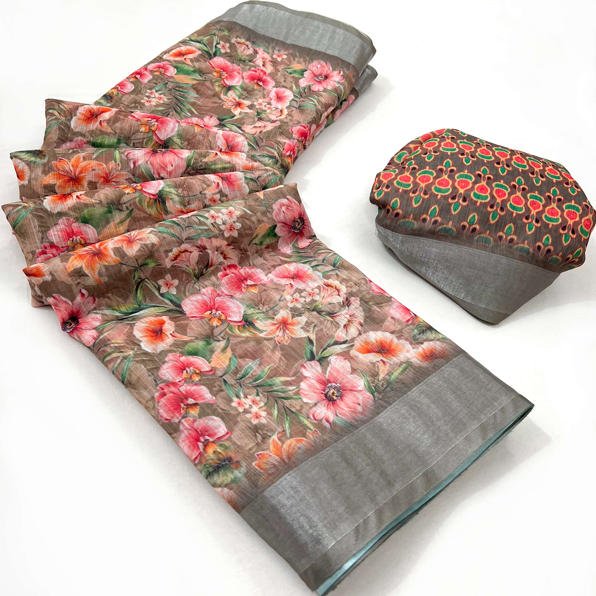 Brown Floral Digital Printed Linen Saree