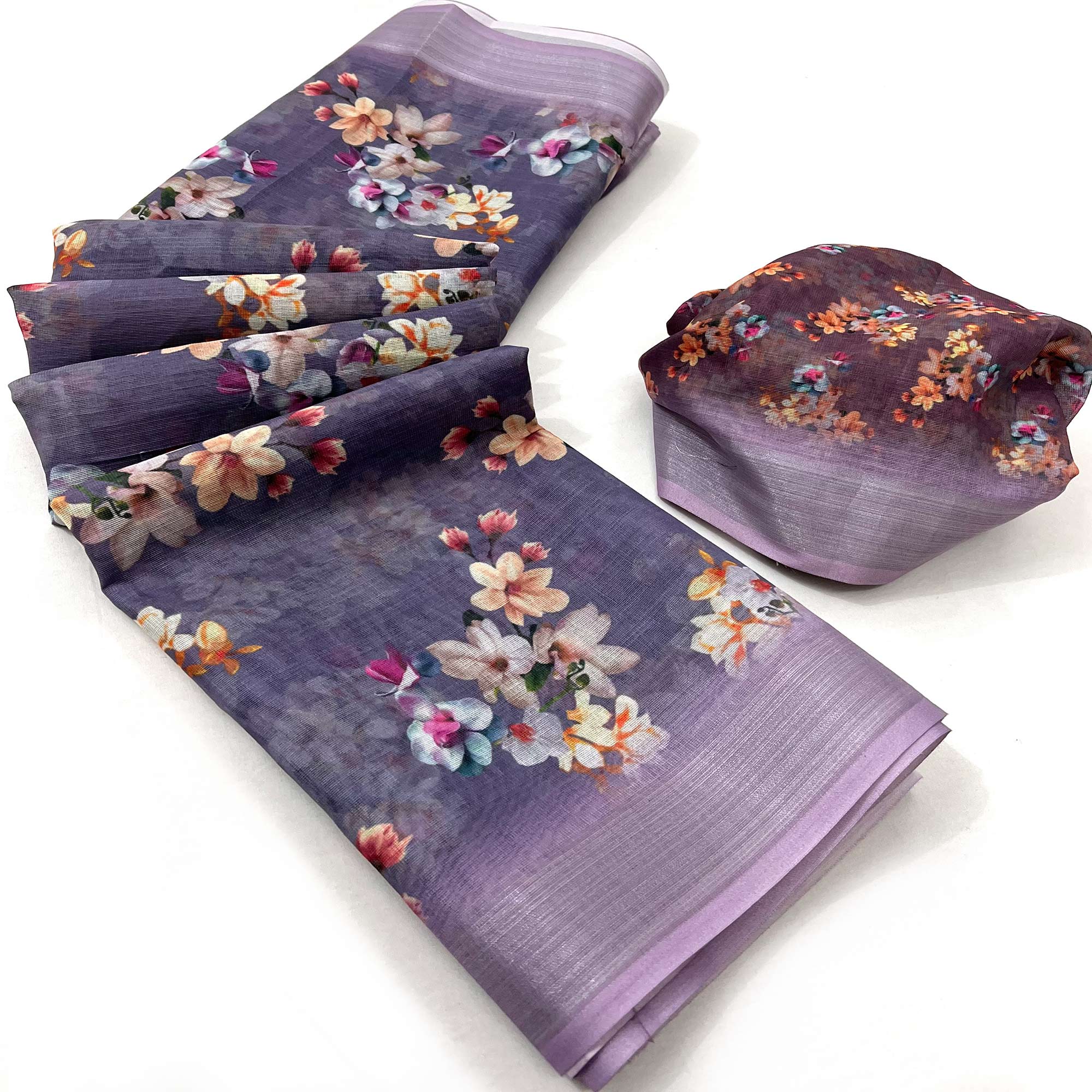 Purple Floral Digital Printed Linen Saree