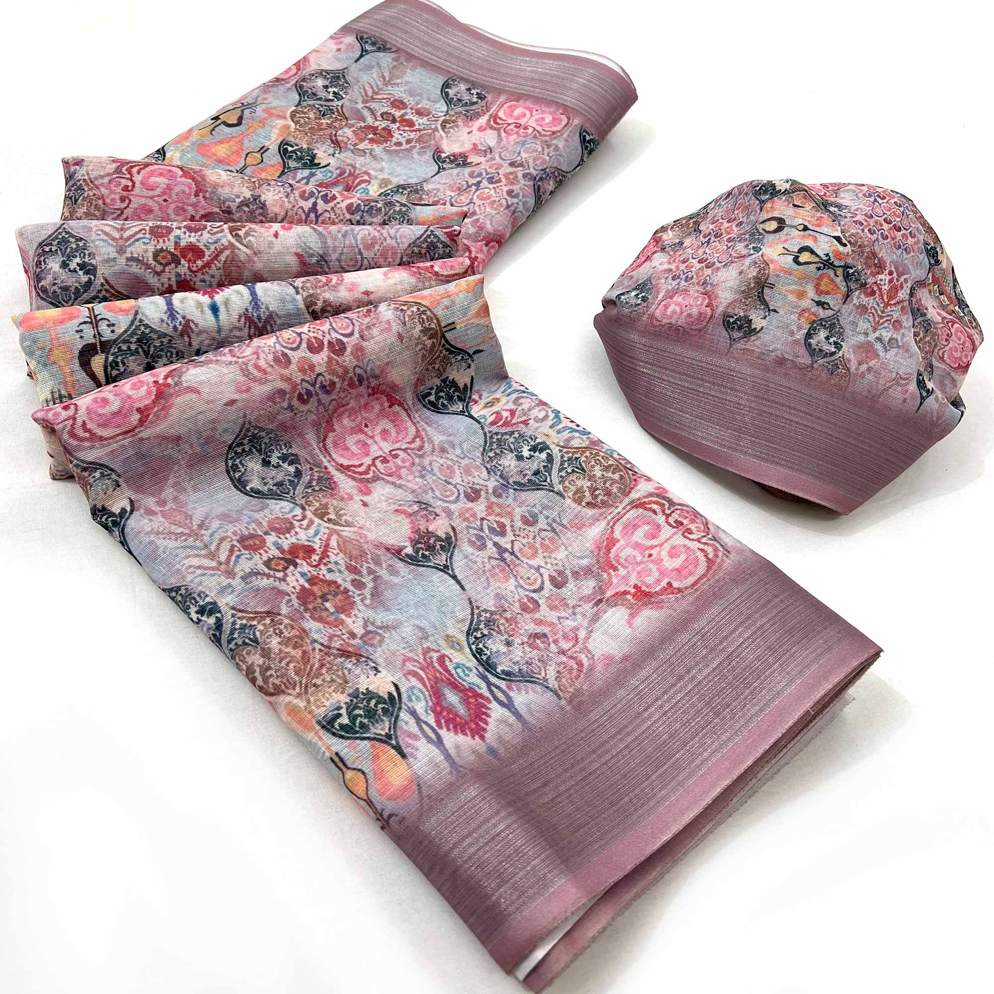 Peach Floral Digital Printed Linen Saree