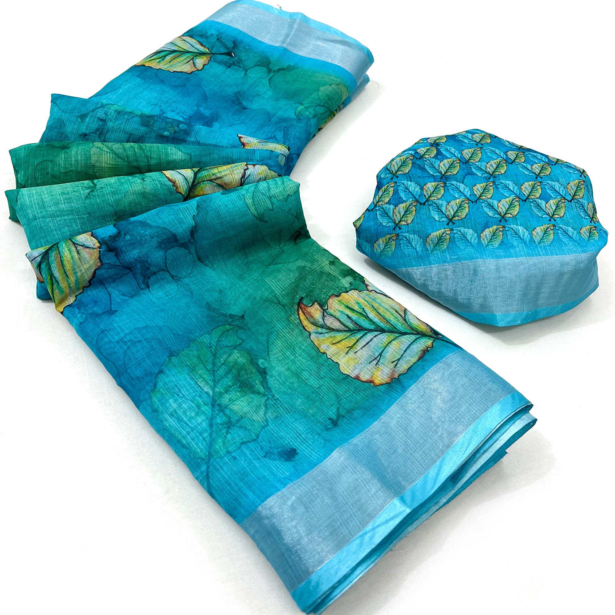 Blue Floral Digital Printed Linen Saree