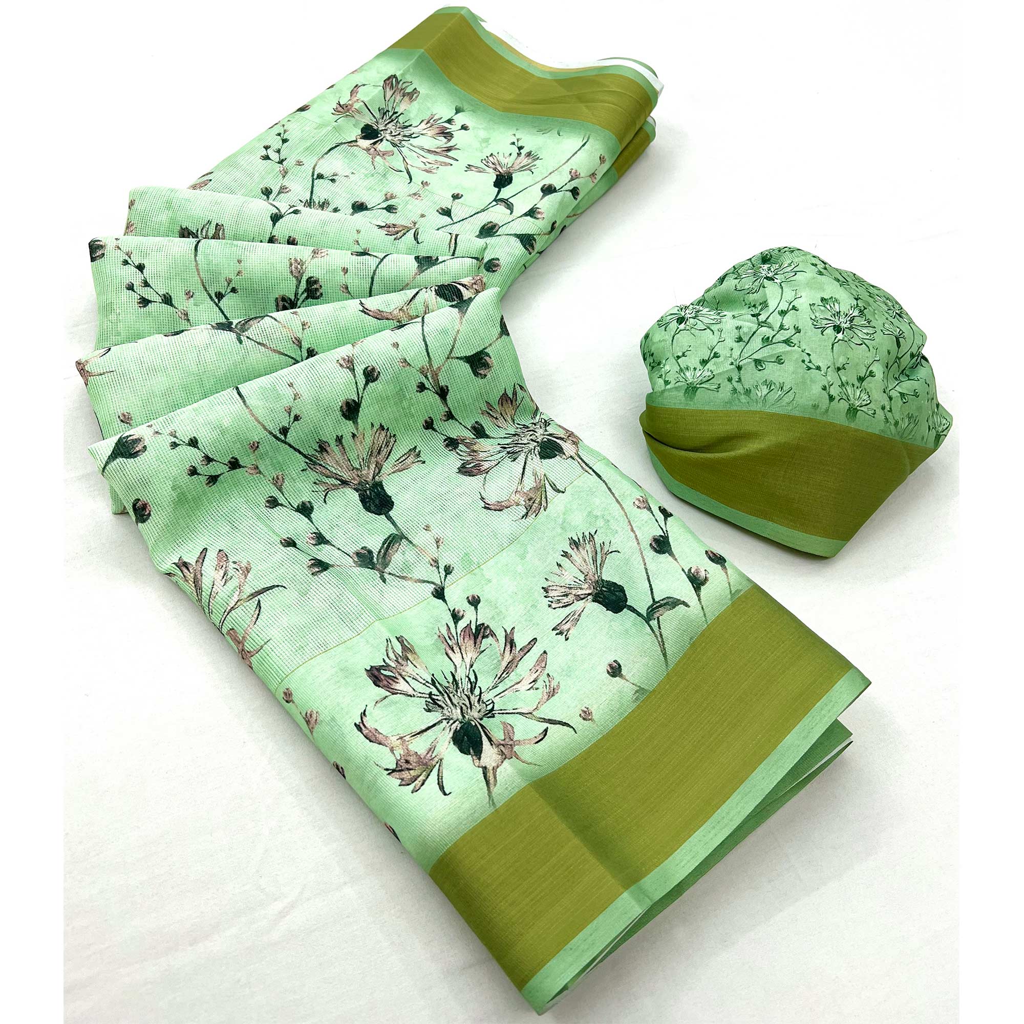 Green Floral Digital Printed Cotton Blend Saree