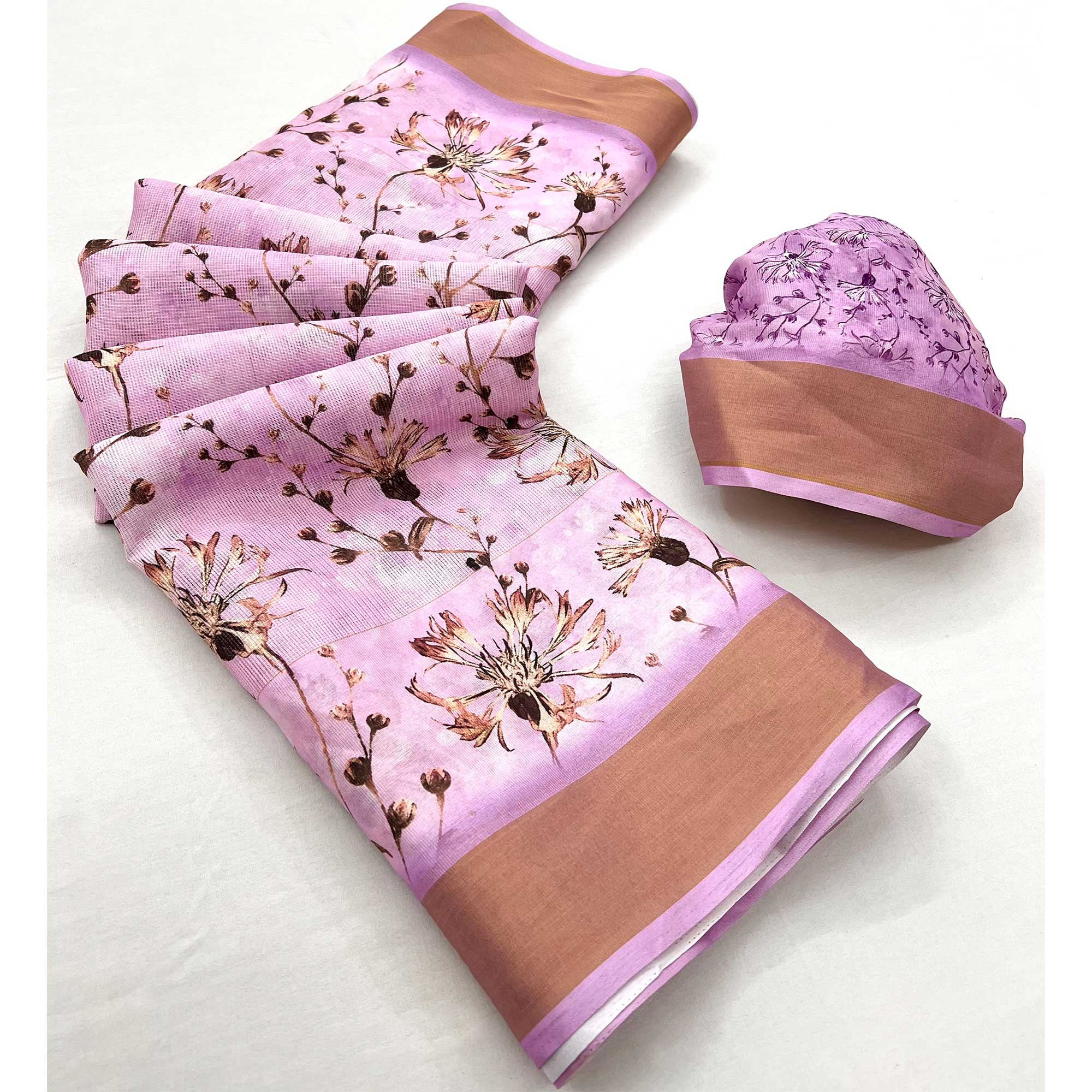 Baby Pink Floral Digital Printed Cotton Blend Saree