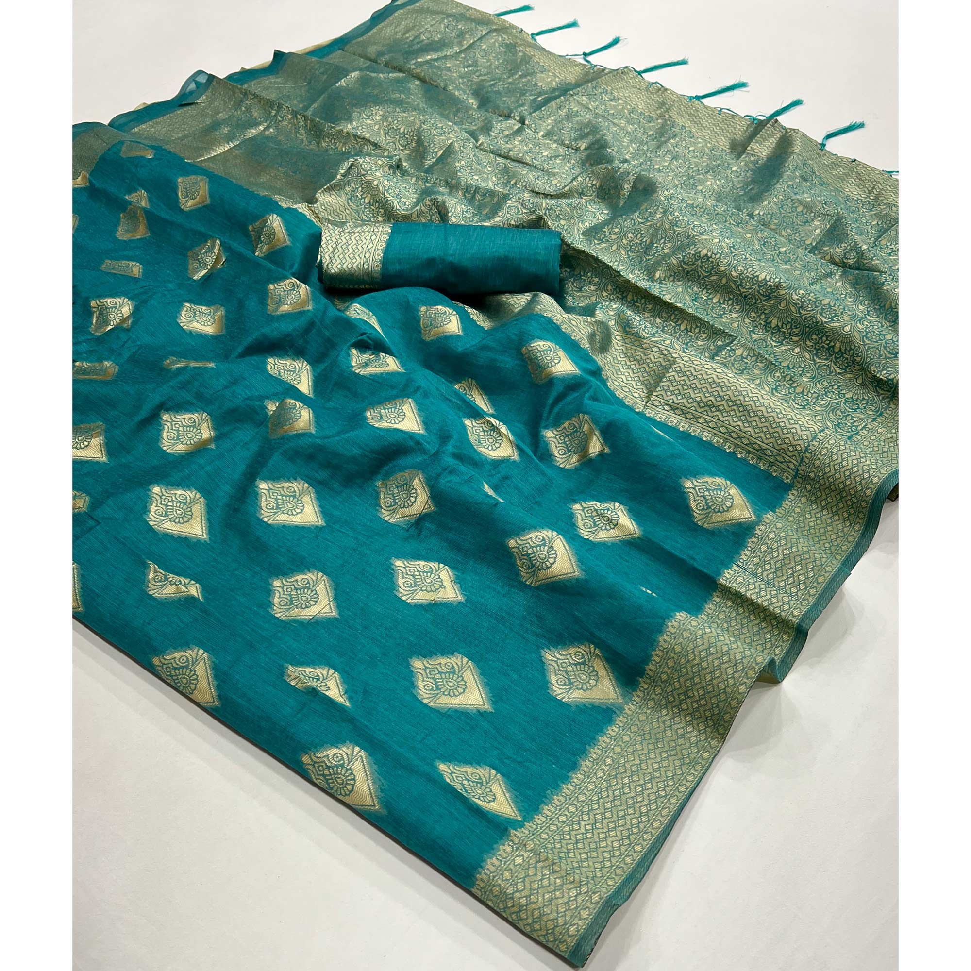 Rama Blue Woven Cotton Blend Saree With Tassels