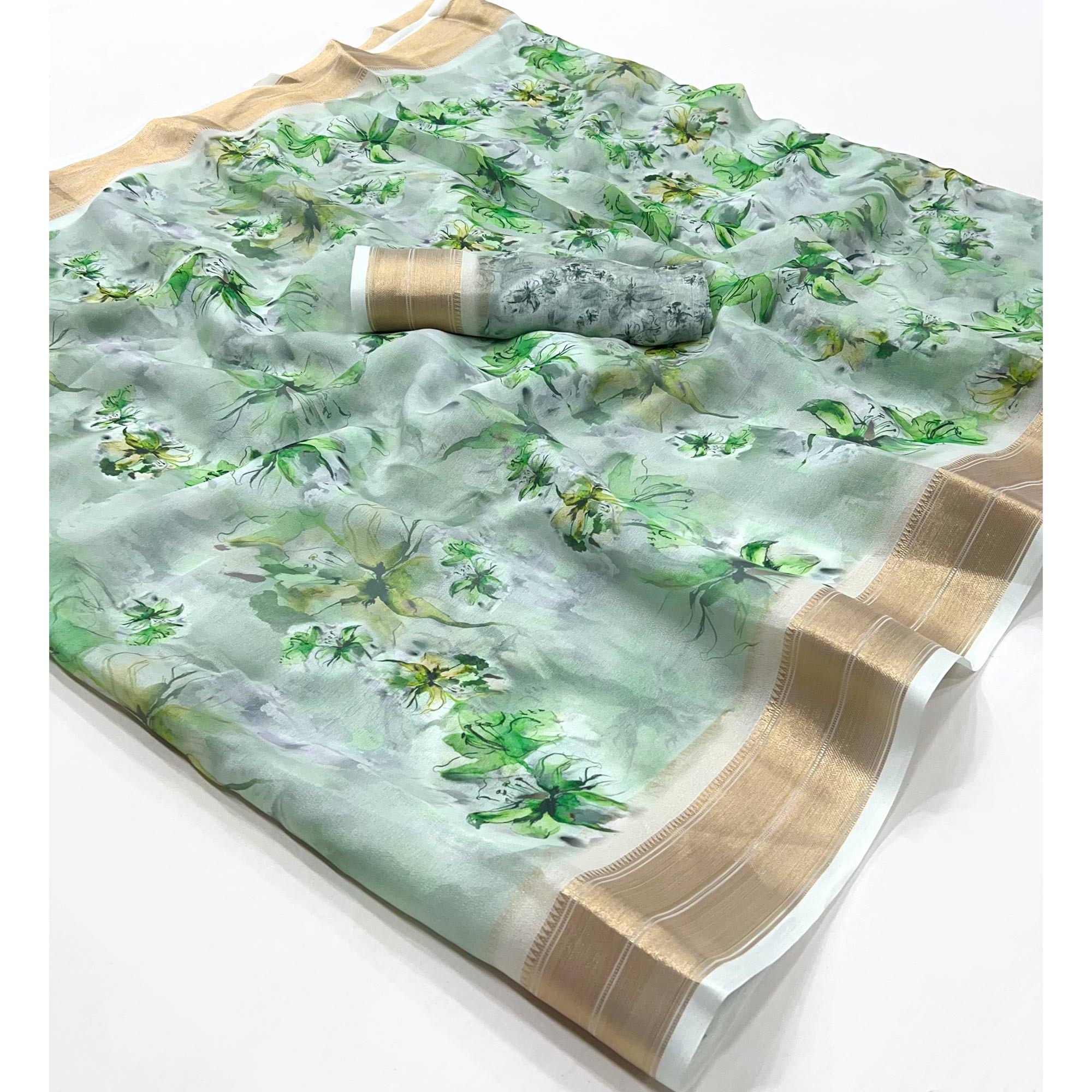 Green Floral Digital Printed Georgette Saree With Zari Border