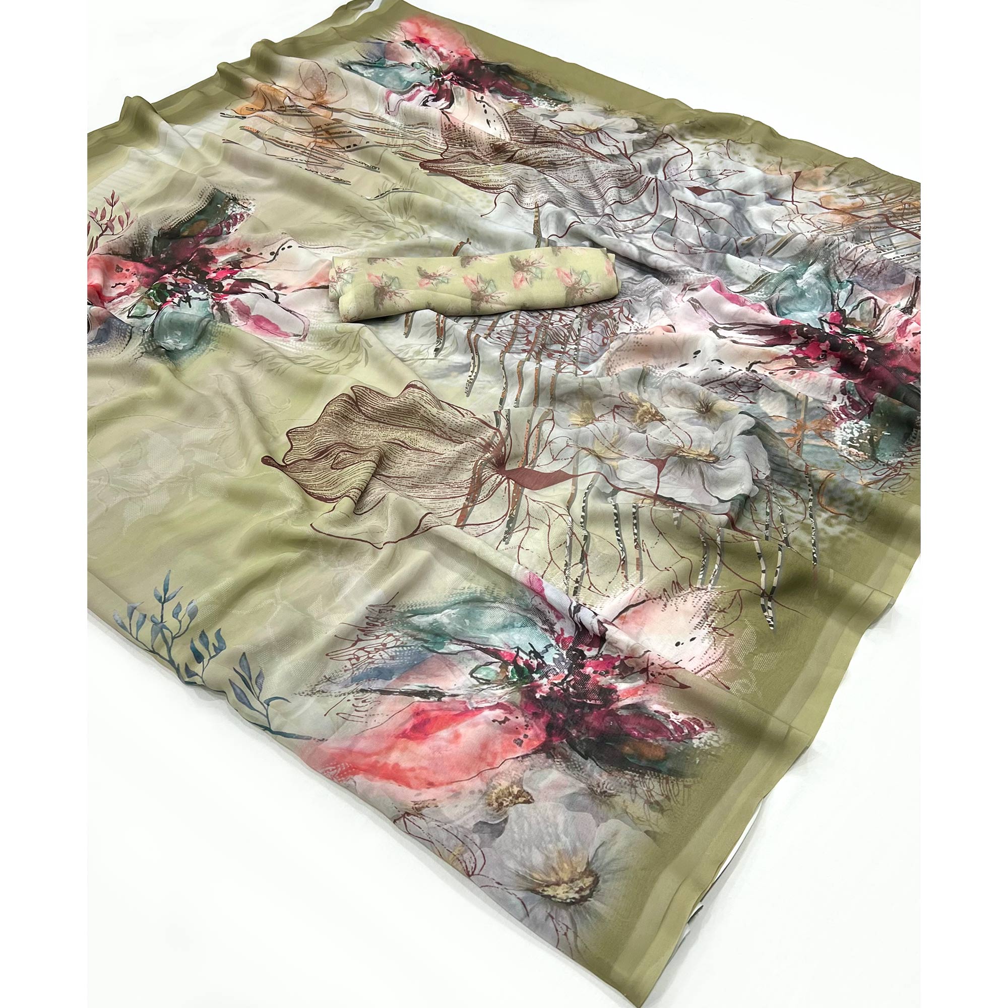 Olive Green Floral Digital Printed Georgette Saree