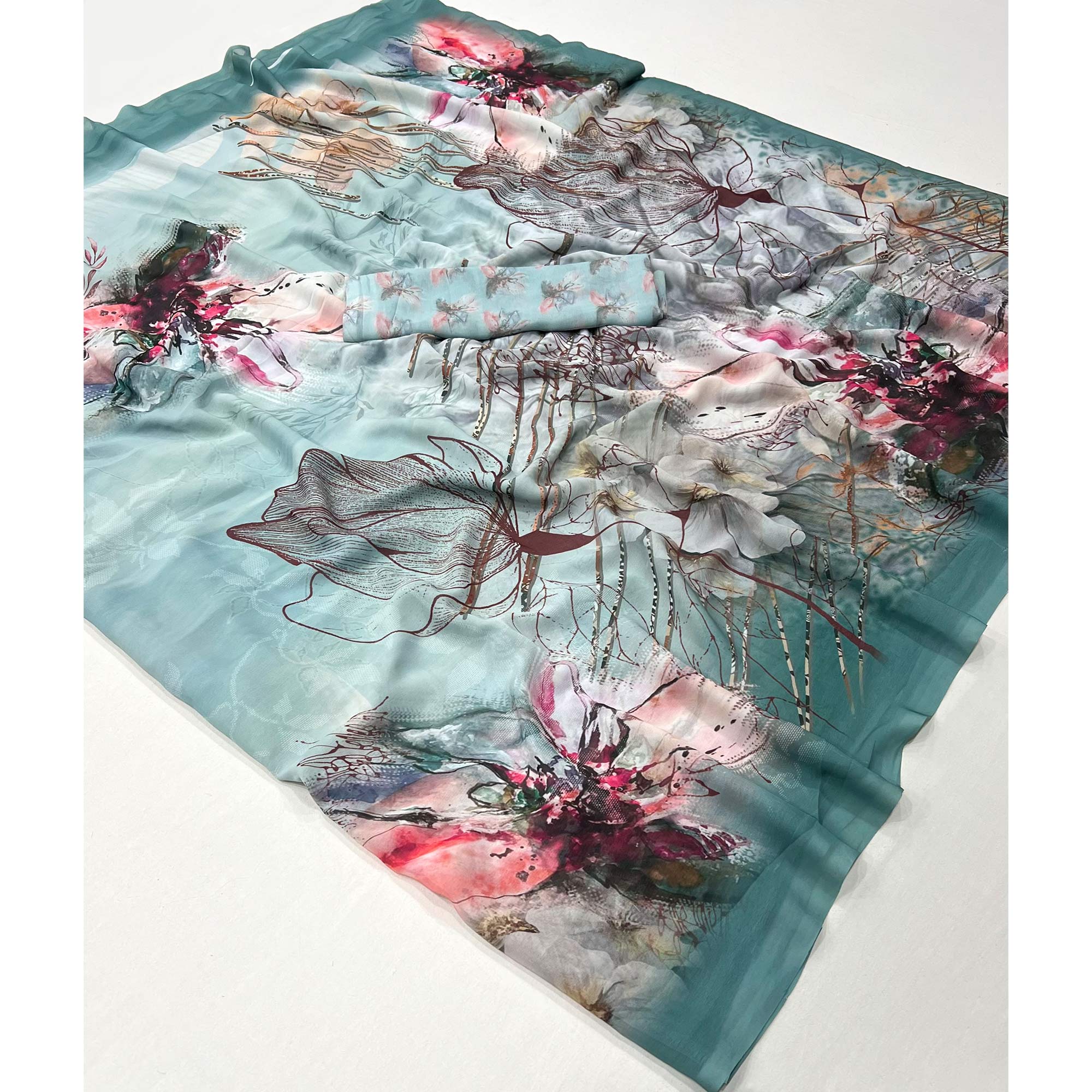 Blue Floral Digital Printed Georgette Saree