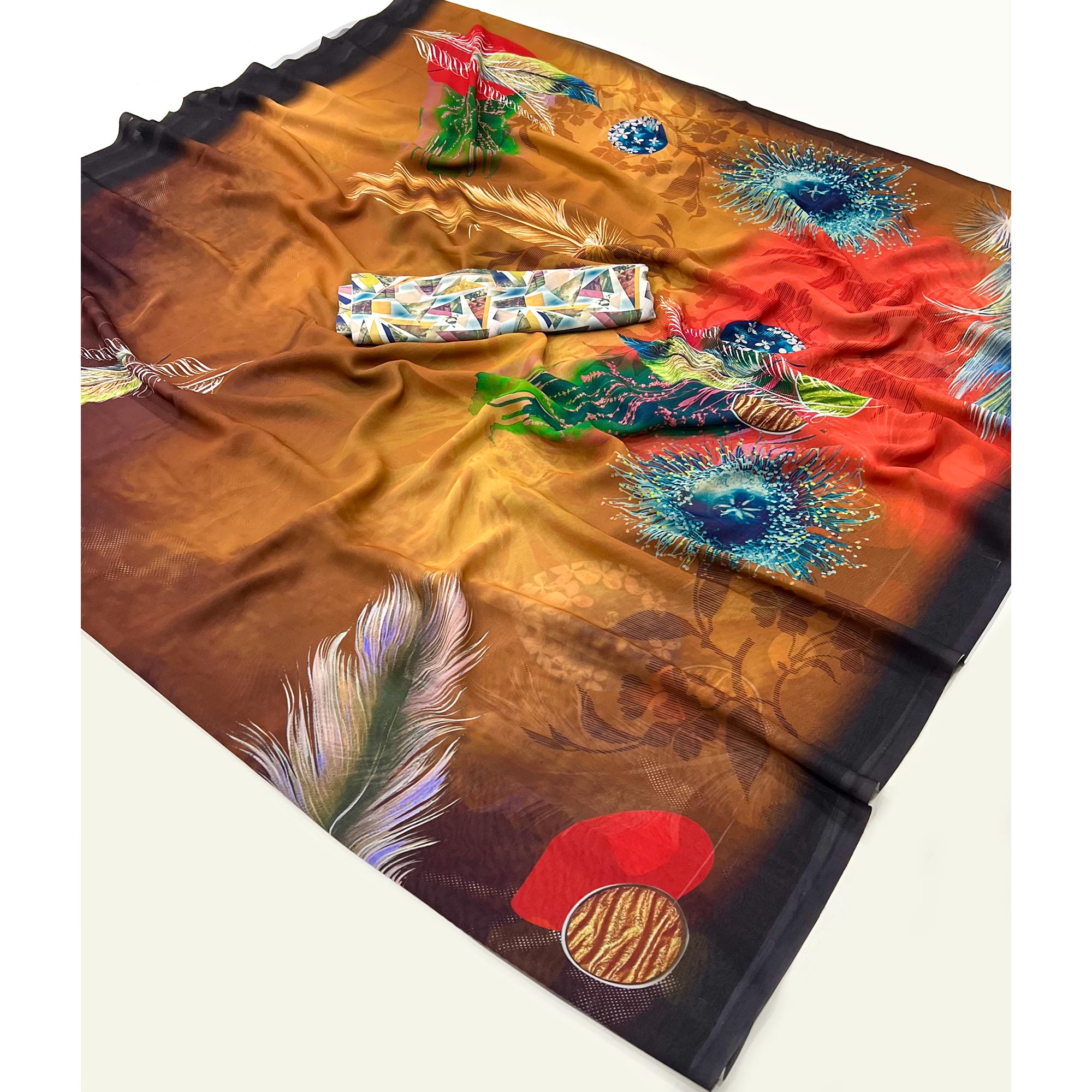 Mustard Floral Digital Printed Georgette Saree