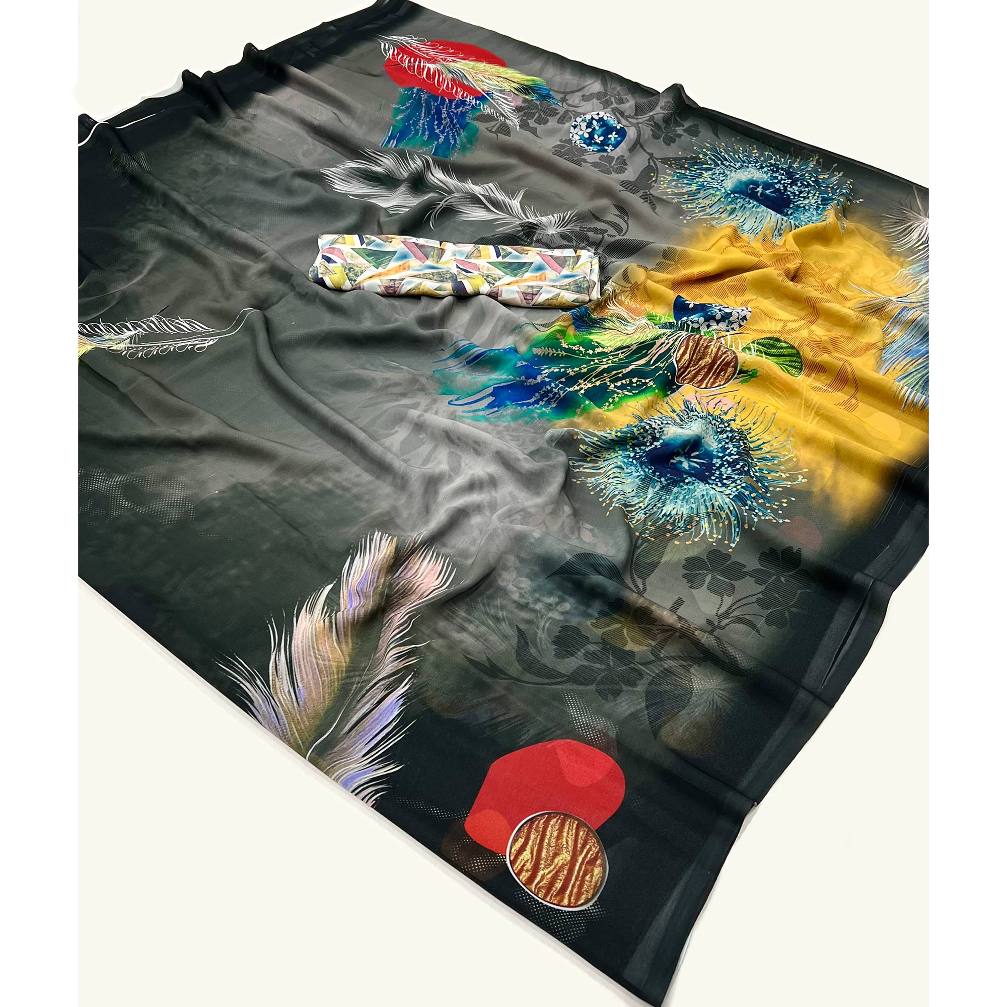 Black & Grey Floral Digital Printed Georgette Saree