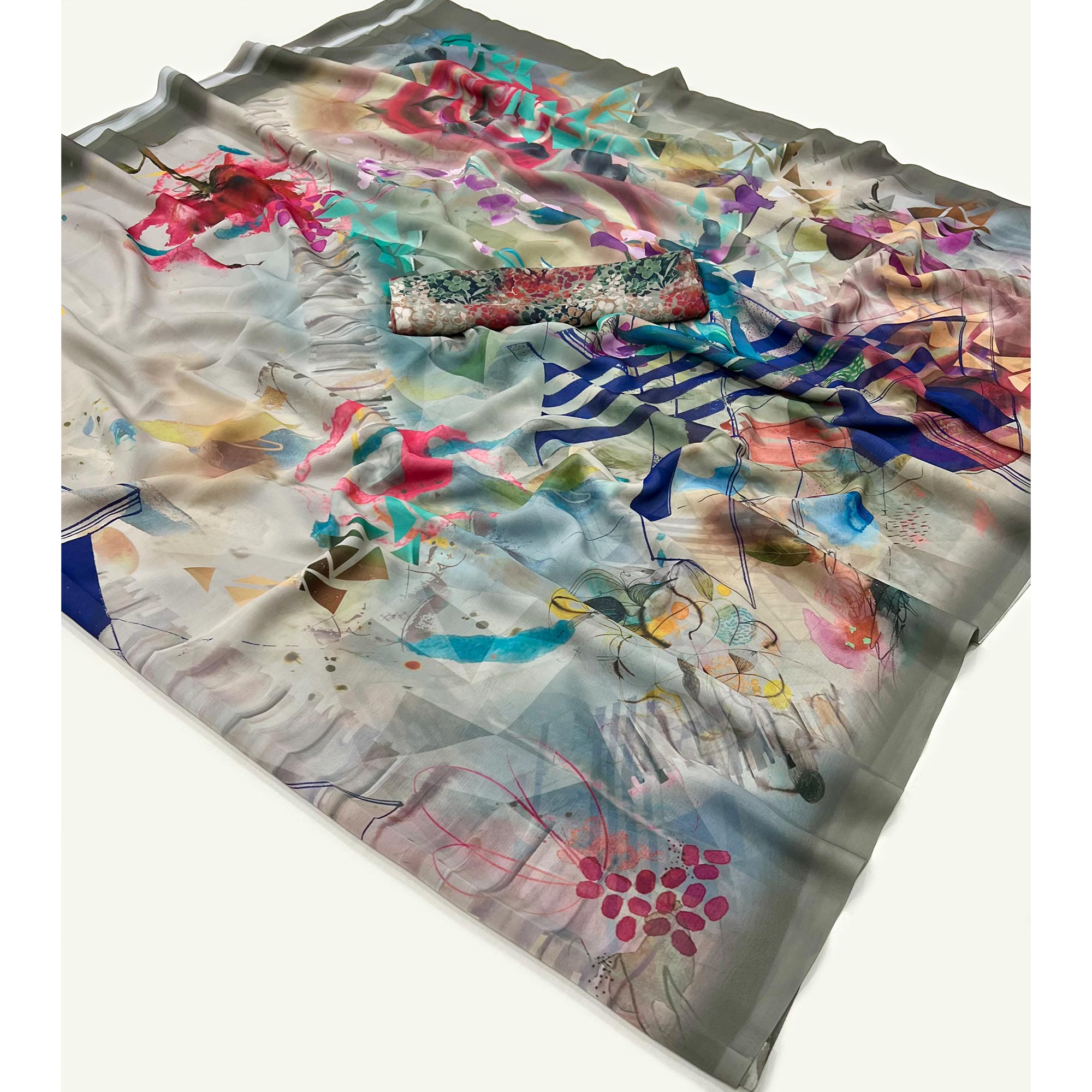 Grey Floral Digital Printed Georgette Saree