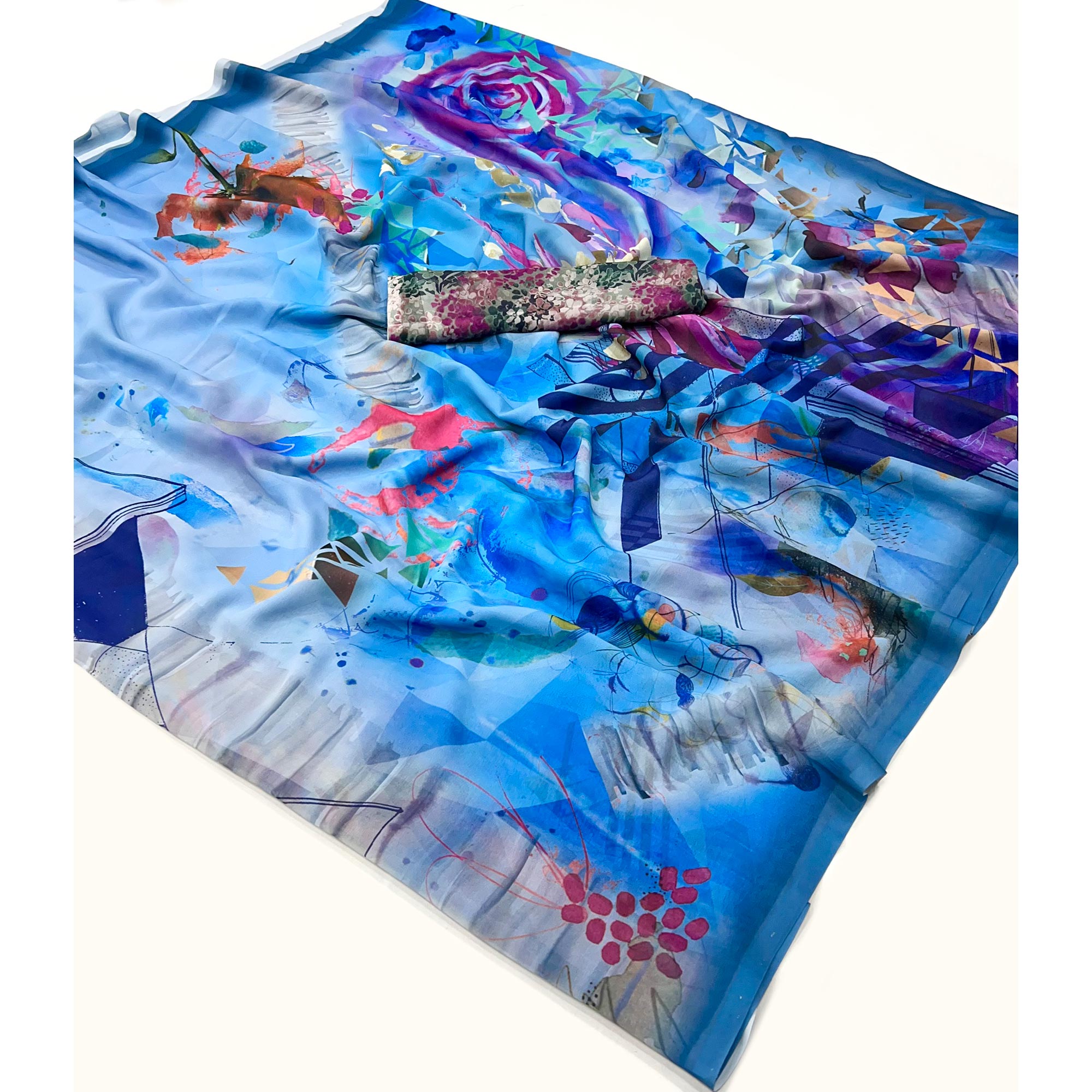 Blue Floral Digital Printed Georgette Saree
