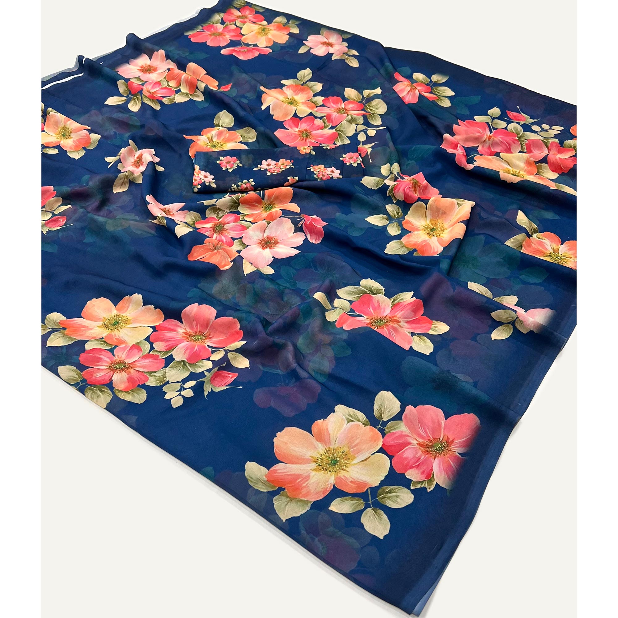 Blue Floral Digital Printed Georgette Saree