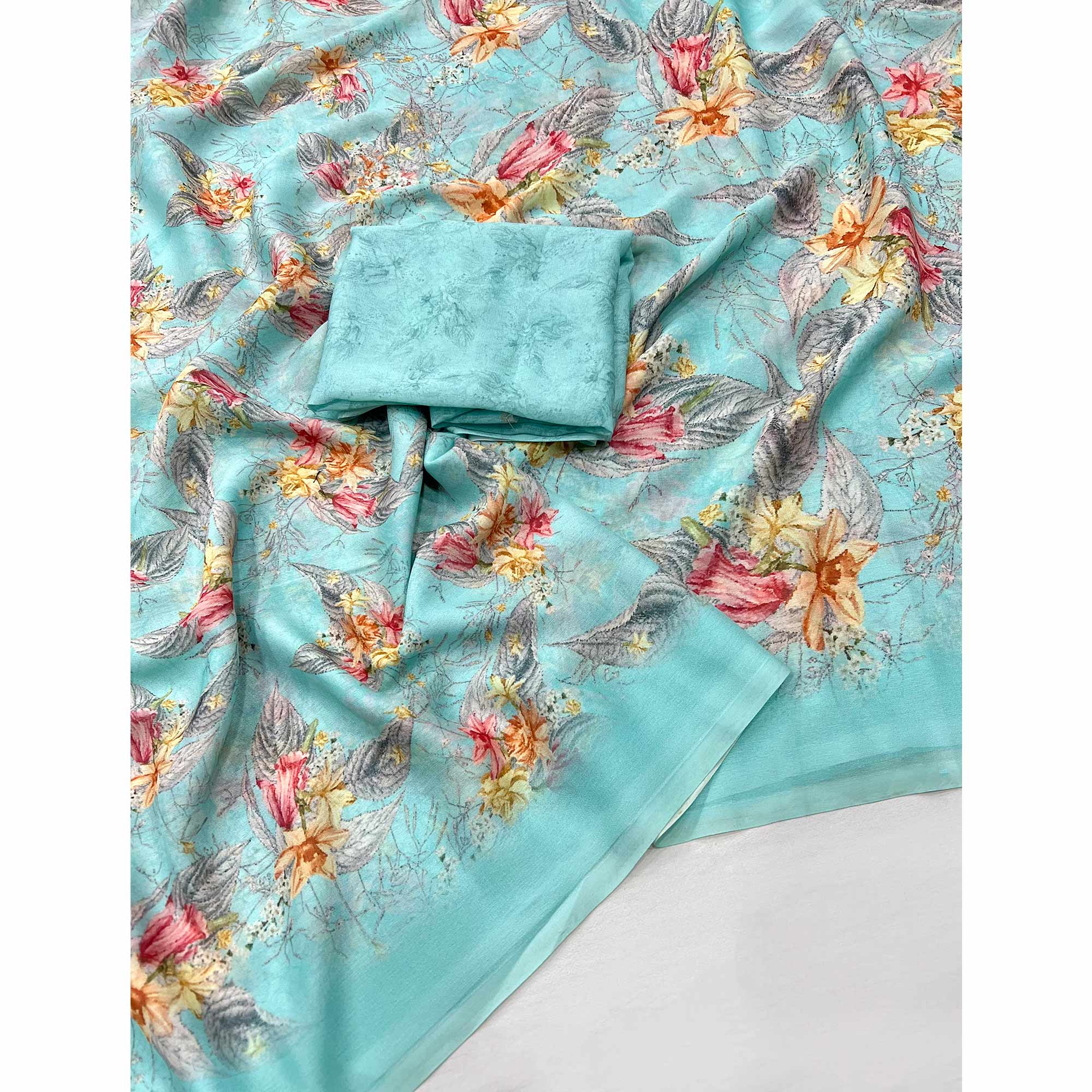 Blue Floral Digital Printed Georgette Saree