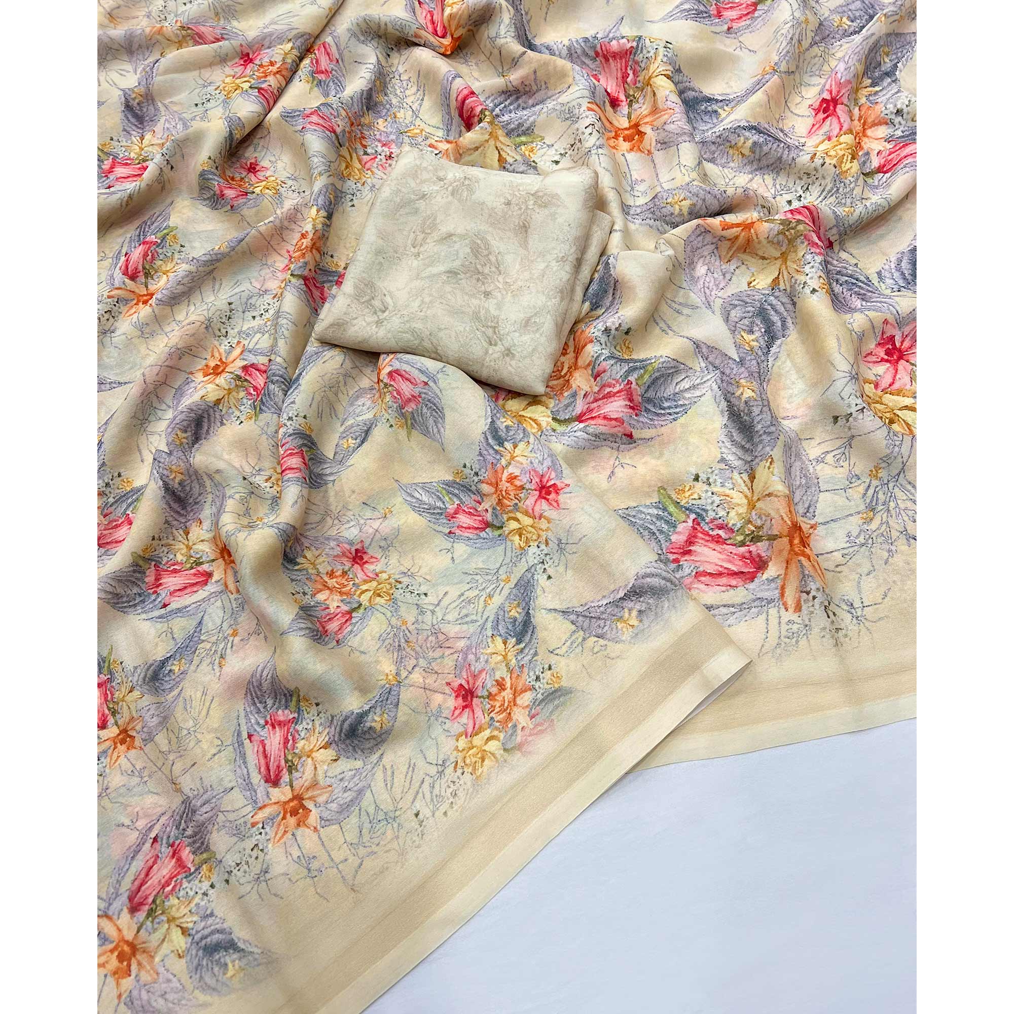 Beige Floral Digital Printed Georgette Saree
