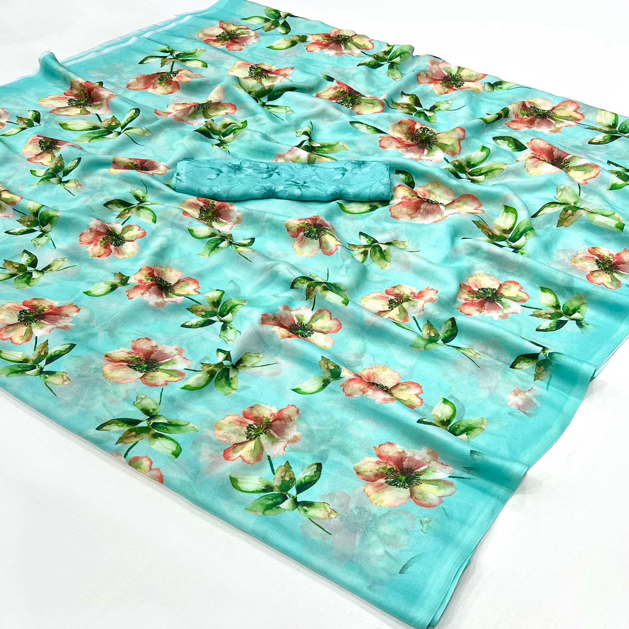 Turquoise Floral Digital Printed Georgette Saree