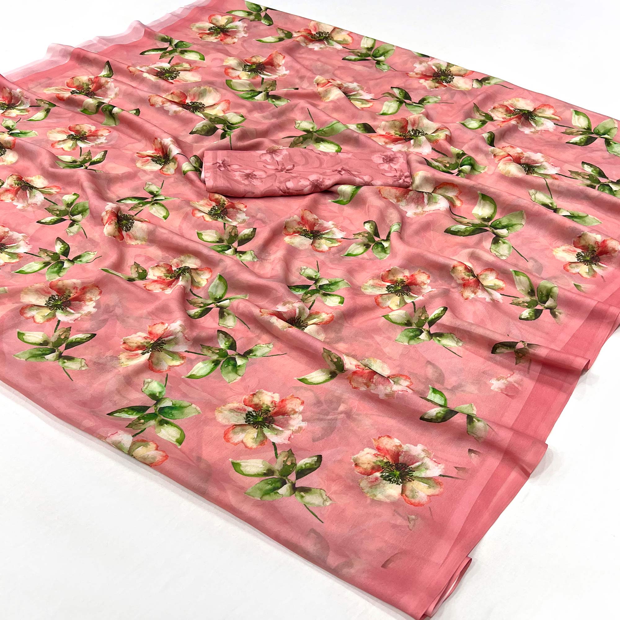 Peach Floral Digital Printed Georgette Saree