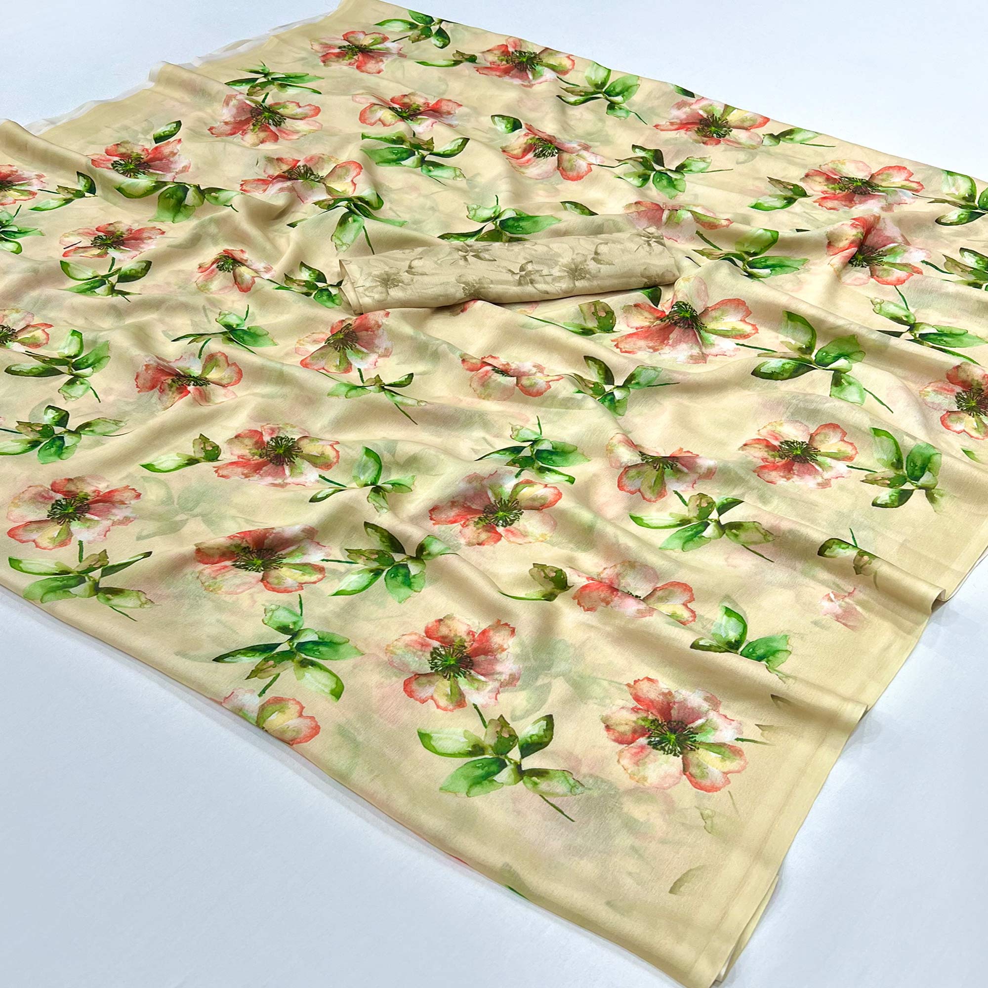 Cream Floral Digital Printed Georgette Saree