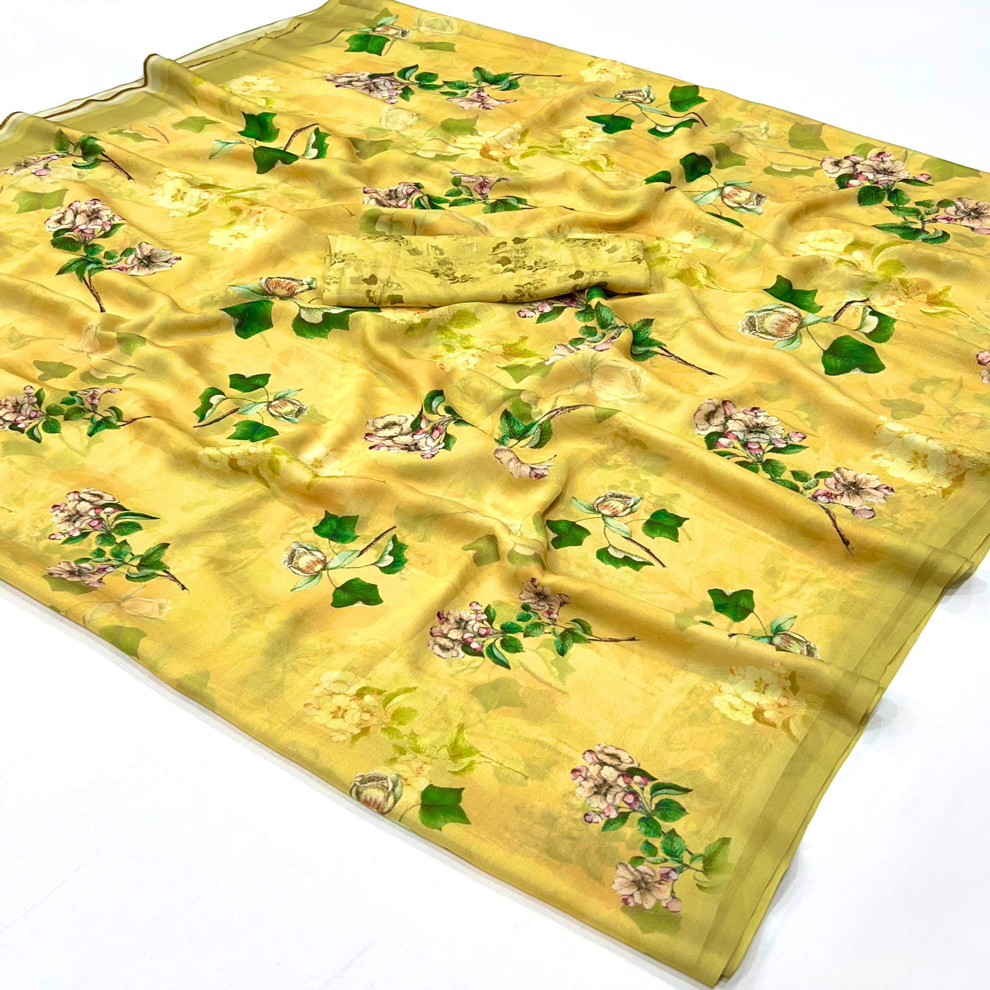 Lemon Yellow Floral Digital Printed Georgette Saree