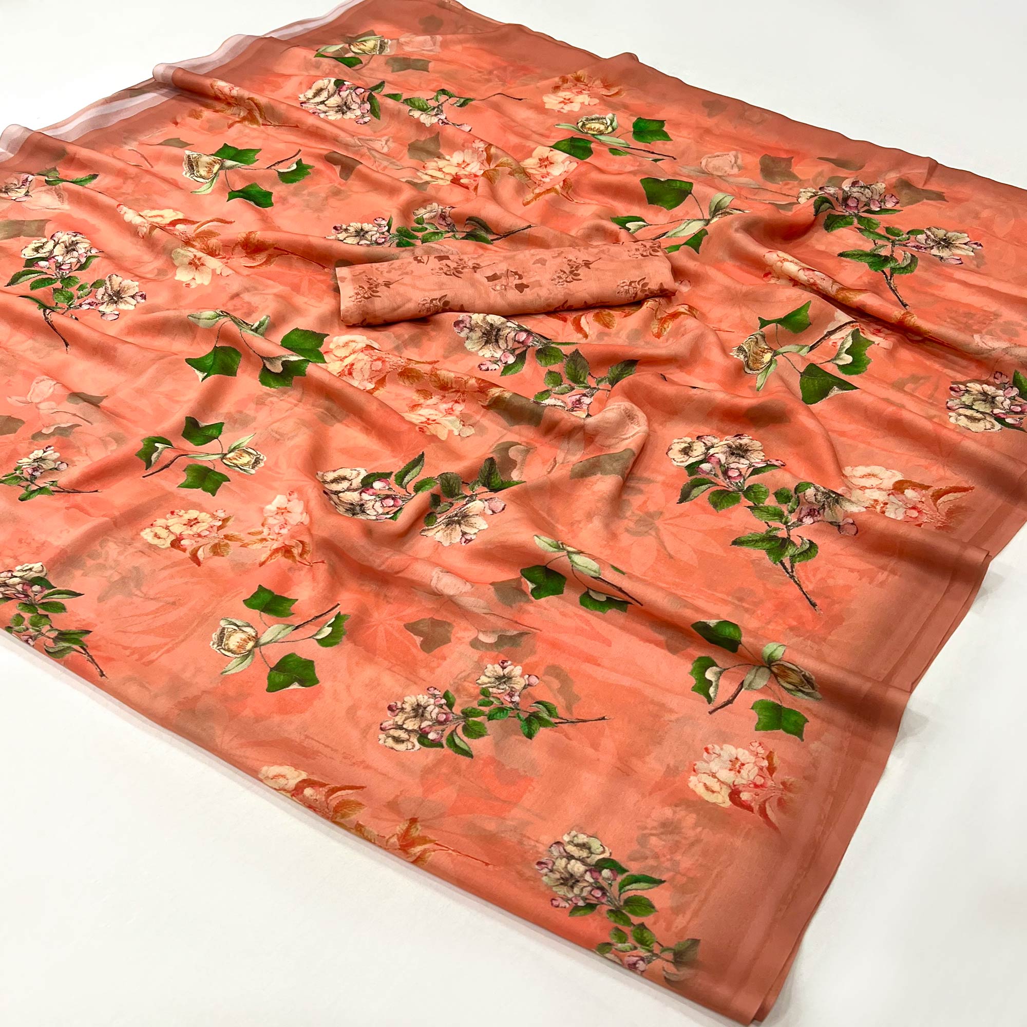 Orange Floral Digital Printed Georgette Saree