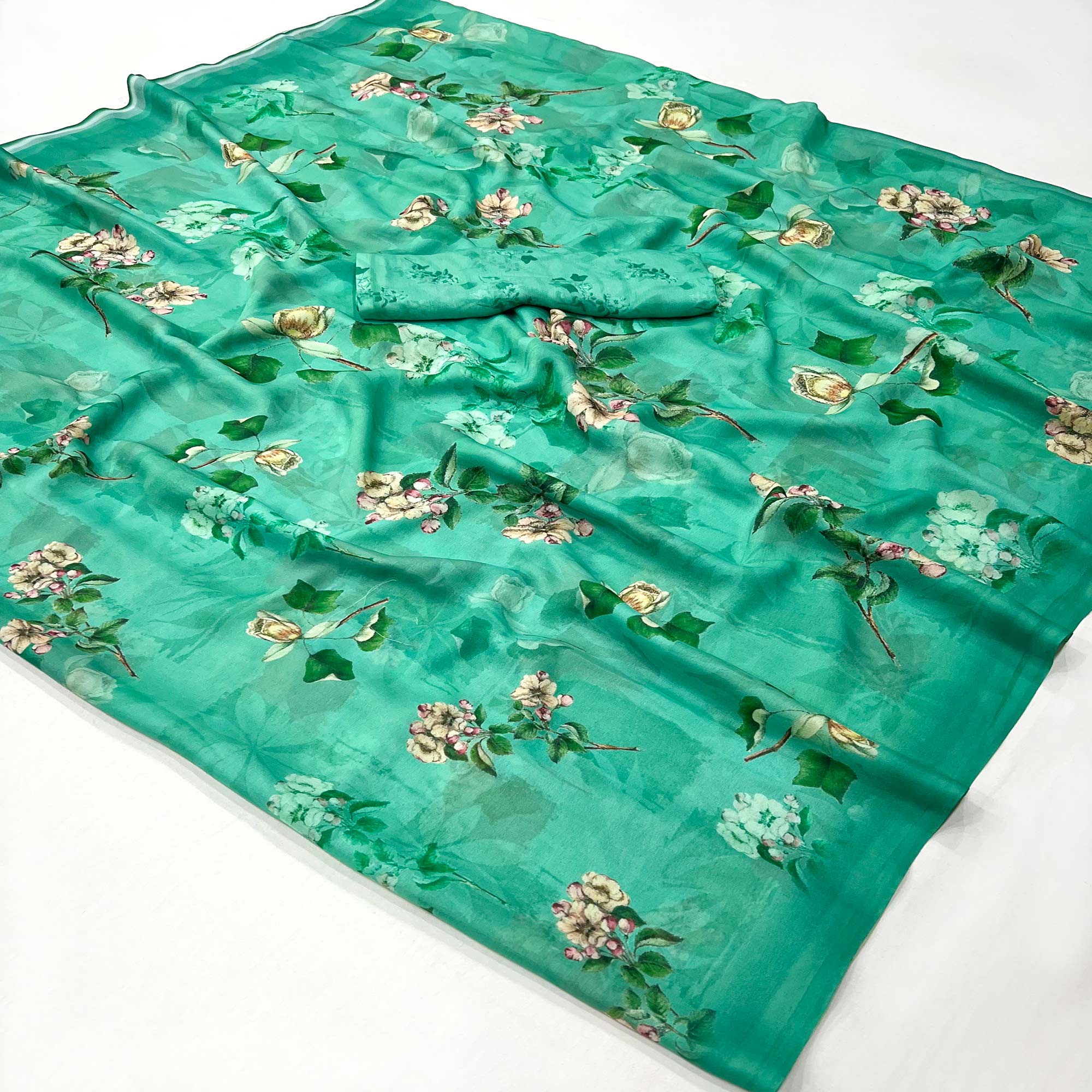 Rama Green Floral Digital Printed Georgette Saree