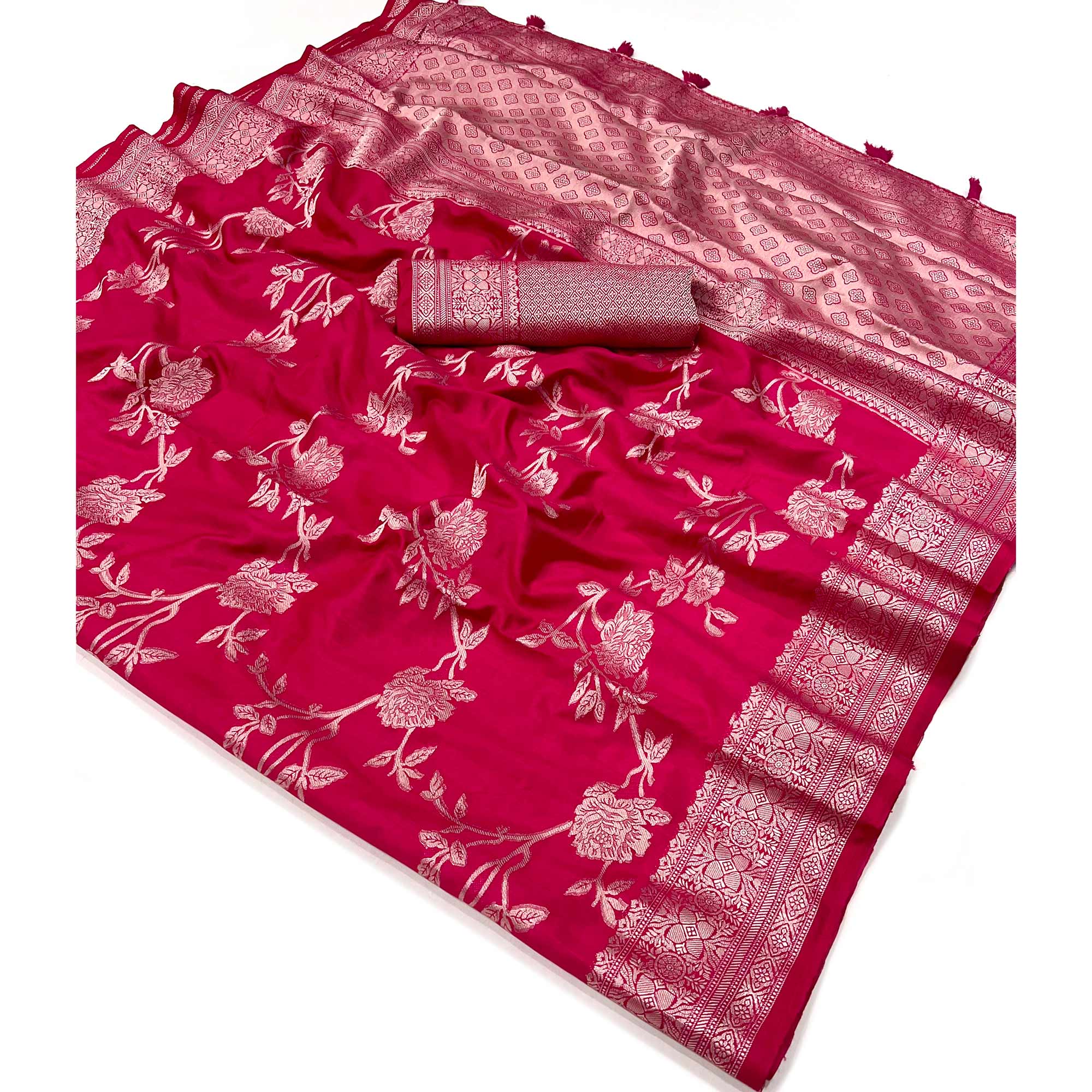 Rani Pink Floral Woven Dola Silk Saree With Tassels