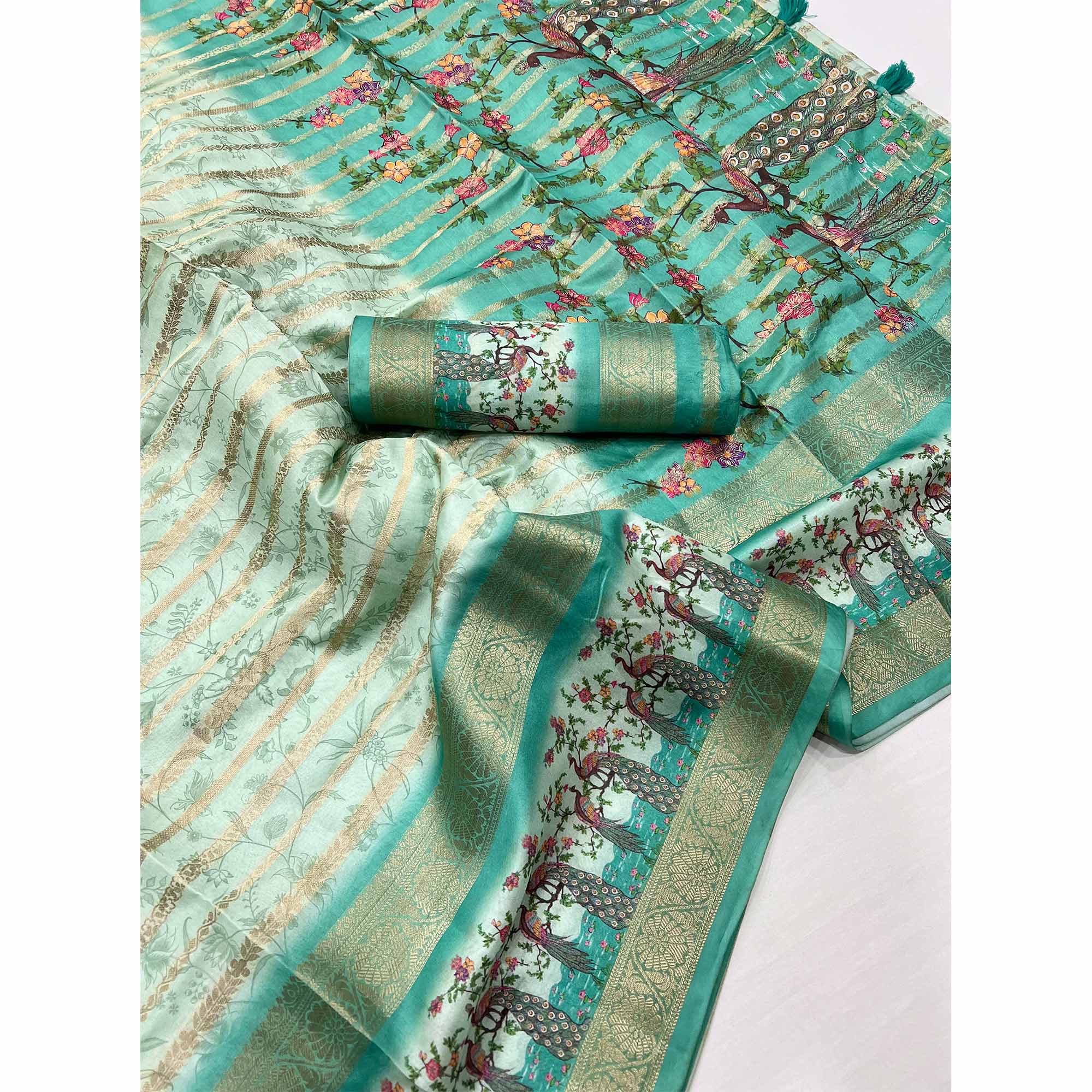 Sea Green Floral Woven With Digital Printed Art Silk Saree