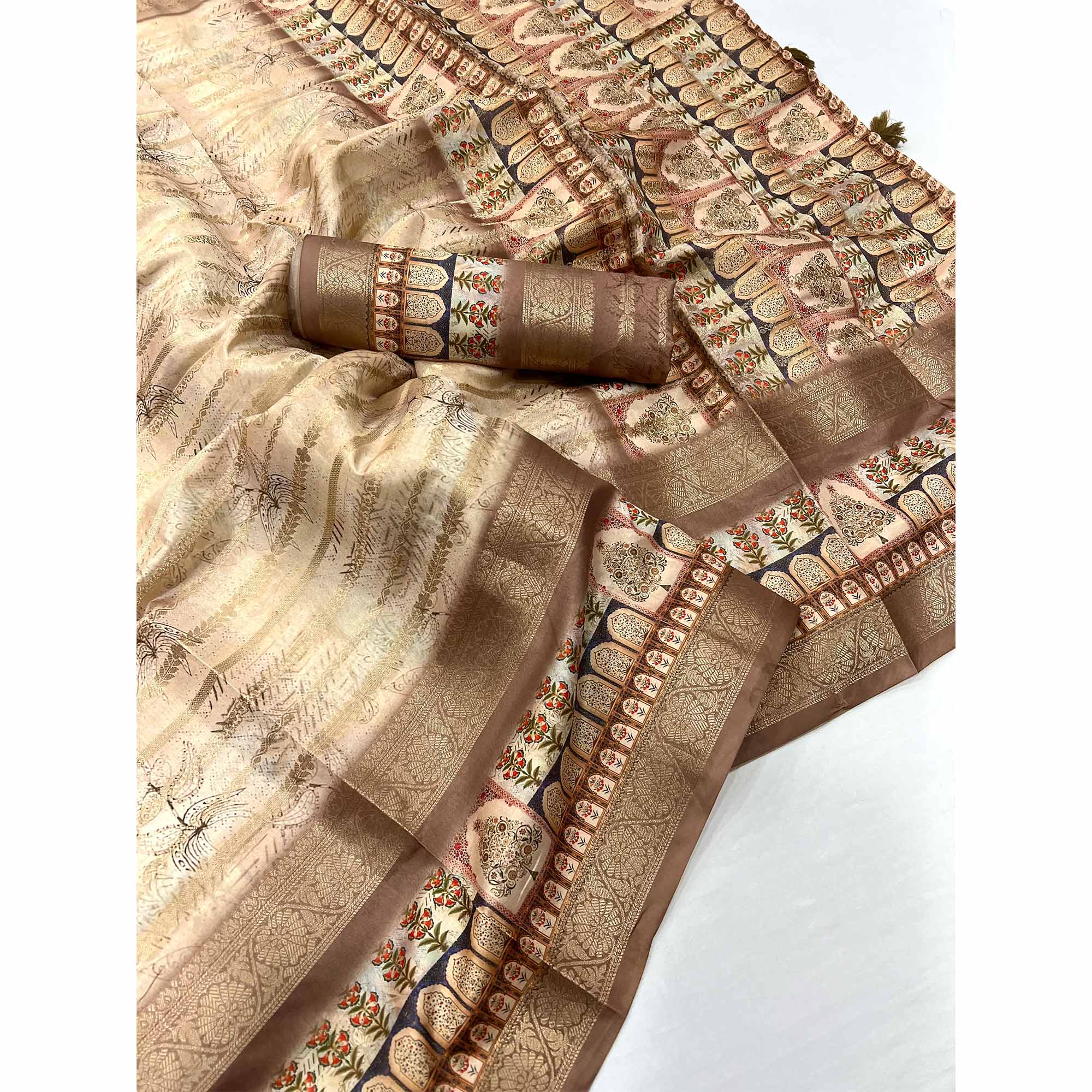 Brown Floral Woven With Digital Printed Art Silk Saree