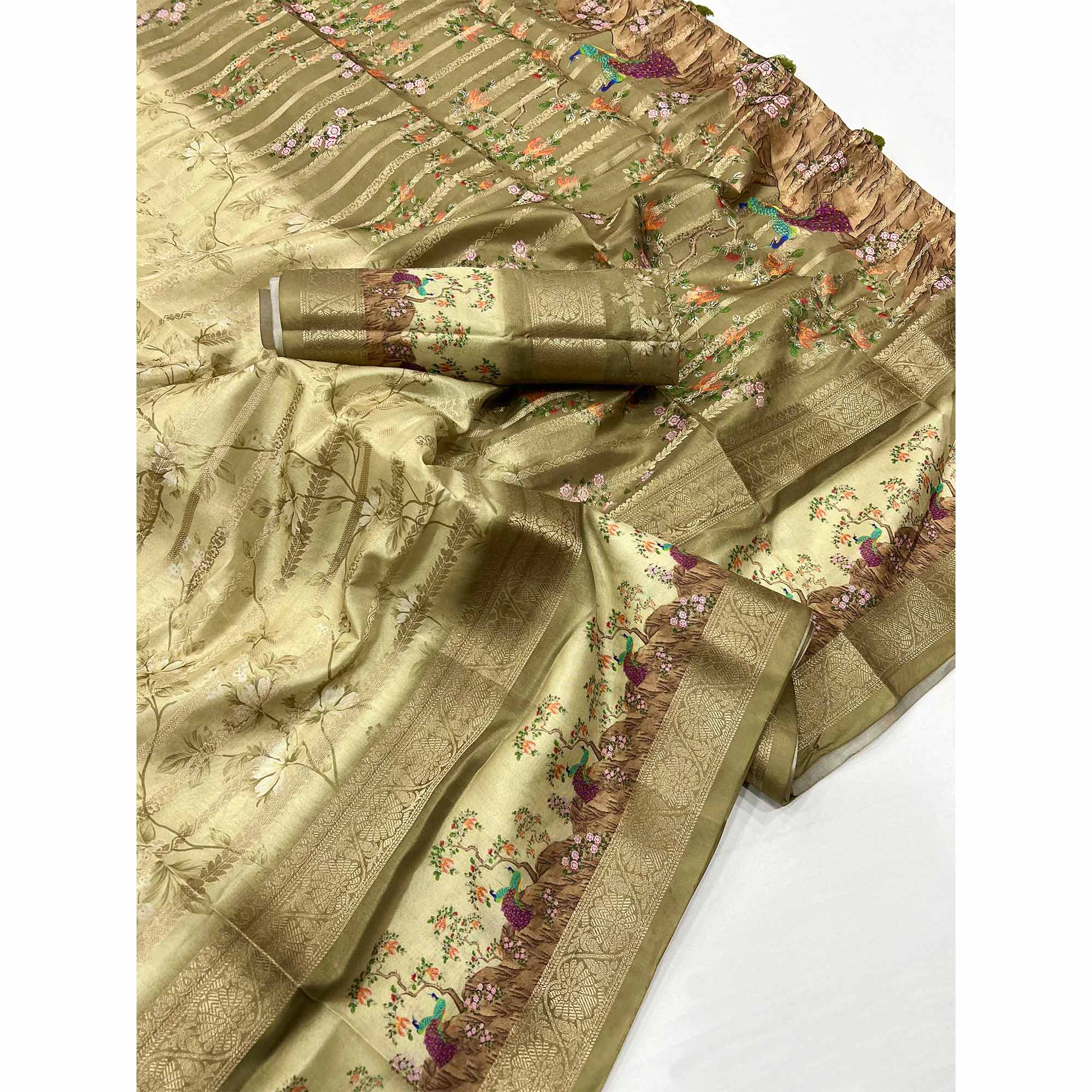 Olive Green Floral Woven With Digital Printed Art Silk Saree