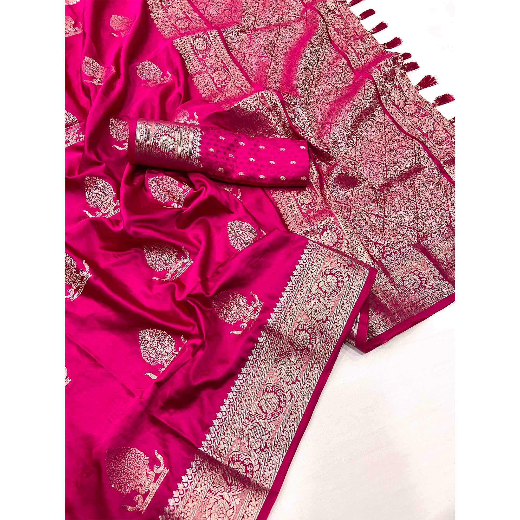 Rani Pink Floral Woven Satin Silk Saree With Tassels