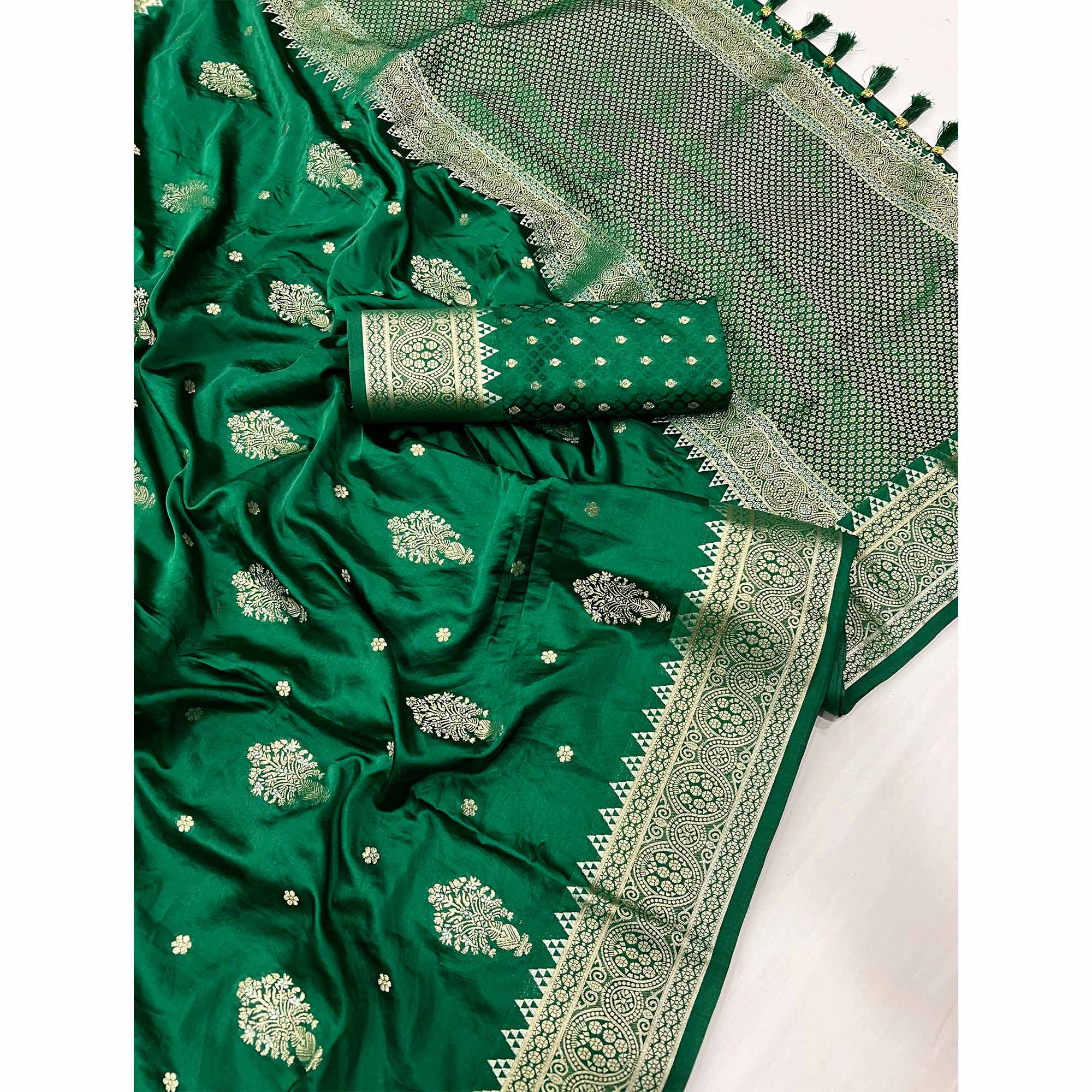 Green Floral Woven Satin Silk Saree With Tassels