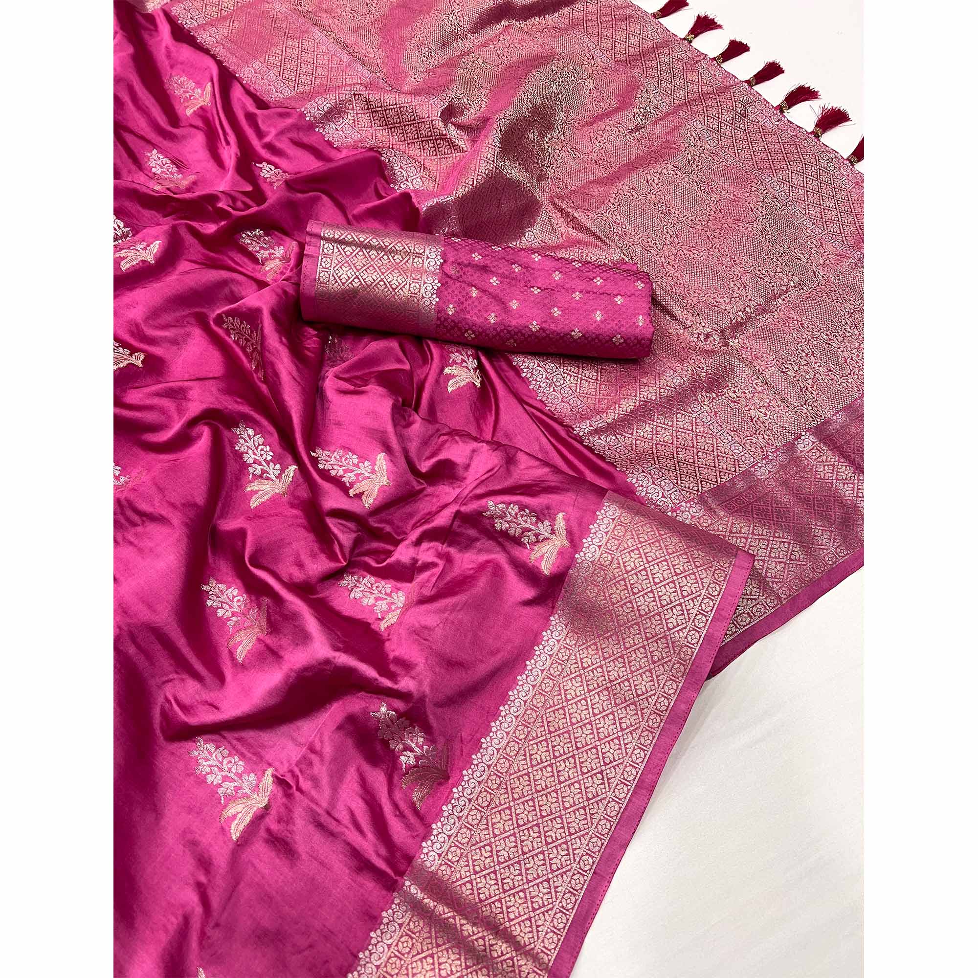 Pink Floral Woven Satin Silk Saree With Tassels