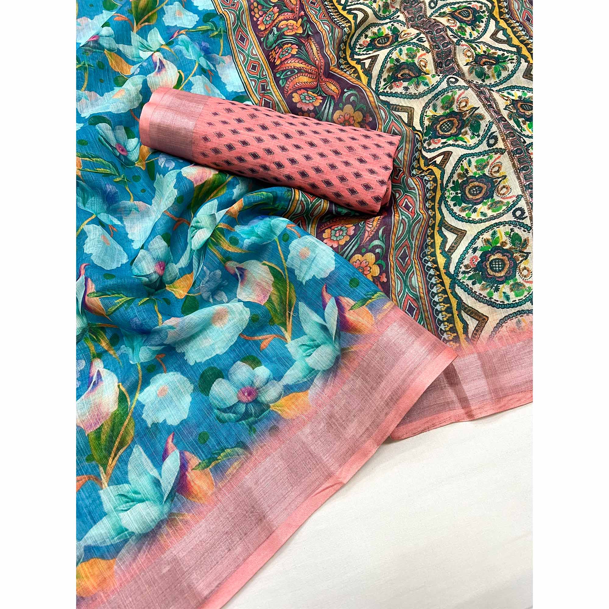 Blue Floral Digital Printed Linen Saree With Zari Border